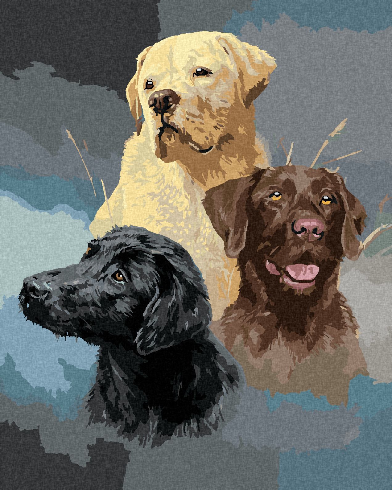zuty Malování podle čísel - ZLATÝ, HNĚDÝ A ČERNÝ LABRADOR (JAMES HAUTMAN) - Rozměr: 40x50 cm, Rámování: Varianta: bez rámu a bez vypnutí plátna - obrázek 1