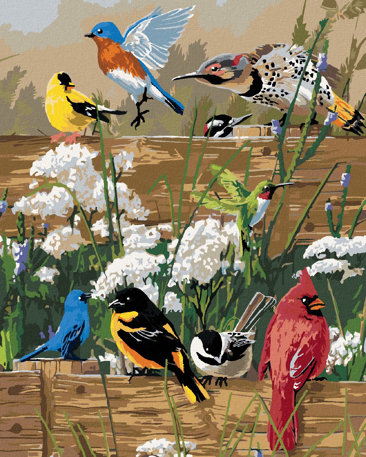 zuty Malování podle čísel – ZPĚVNÍ PTÁCI NA DŘEVĚNÉM PLOTĚ (JAMES HAUTMAN) - Rozměr: 40x50 cm, Rámování: Varianta: bez rámu a bez vypnutí plátna - obrázek 1