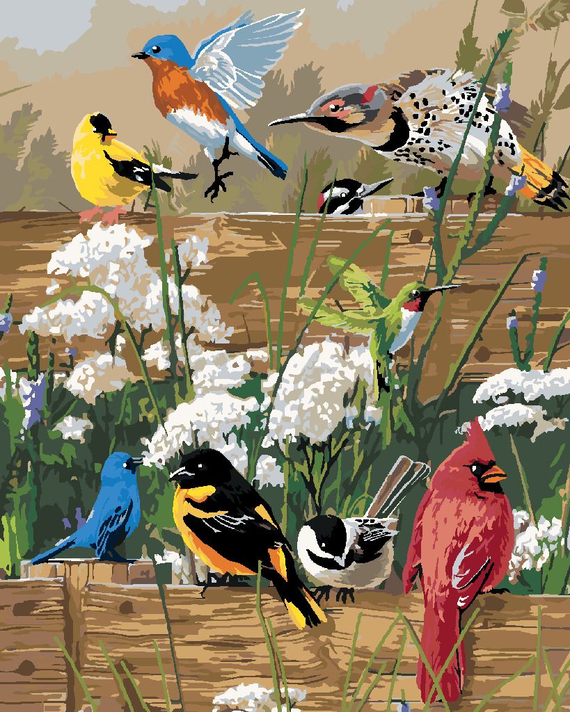 zuty Malování podle čísel – ZPĚVNÍ PTÁCI NA DŘEVĚNÉM PLOTĚ (JAMES HAUTMAN) - Rozměr: 40x50 cm, Rámování: Varianta: vypnuté plátno na rám - obrázek 3