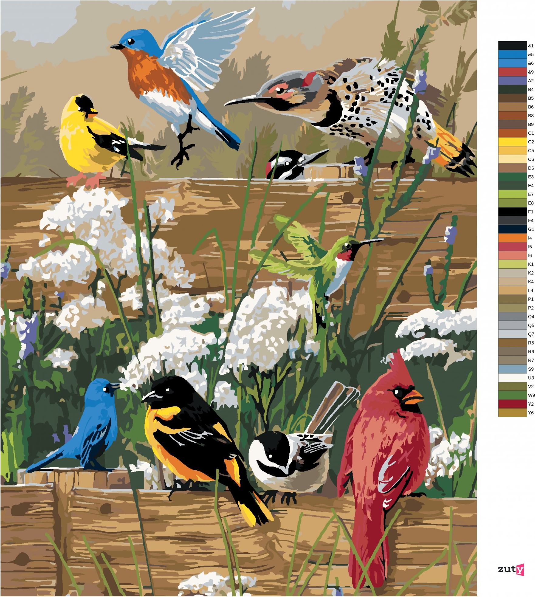 zuty Malování podle čísel – ZPĚVNÍ PTÁCI NA DŘEVĚNÉM PLOTĚ (JAMES HAUTMAN) - Rozměr: 40x50 cm, Rámování: Varianta: vypnuté plátno na rám - obrázek 8