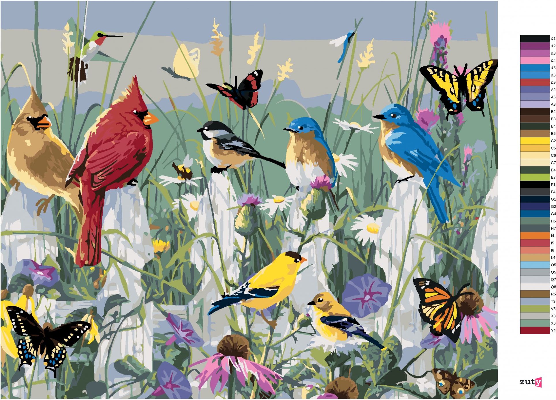 zuty Malování podle čísel - ZPĚVNÍ PTÁCI NA PLOTĚ A MOTÝLI (JAMES HAUTMAN) - Rozměr: 40x50 cm, Rámování: Varianta: bez rámu a bez vypnutí plátna - obrázek 6
