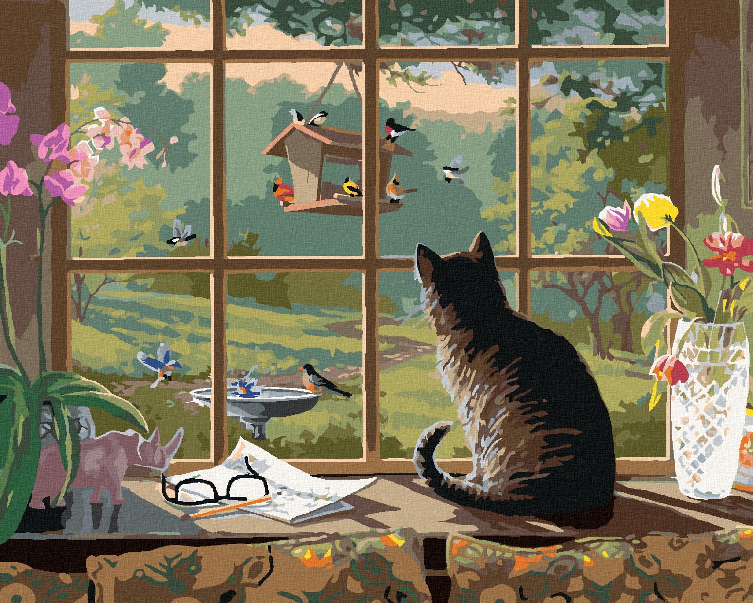 zuty Malování podle čísel - KOČKA POZORUJÍCÍ PTÁKY (JAMES HAUTMAN) - Rozměr: 40x50 cm, Rámování: Varianta: vypnuté plátno na rám - obrázek 1