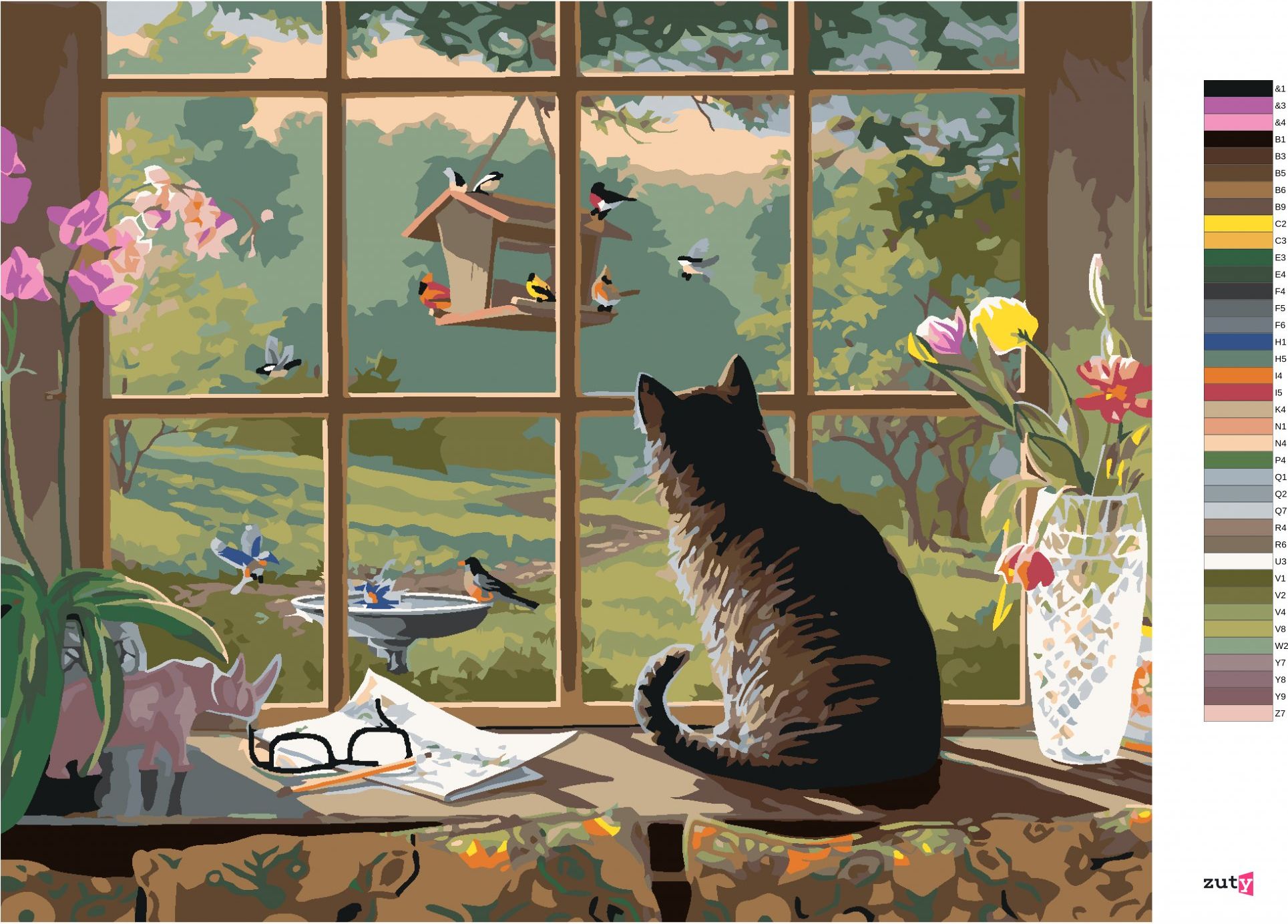zuty Malování podle čísel - KOČKA POZORUJÍCÍ PTÁKY (JAMES HAUTMAN) - Rozměr: 40x50 cm, Rámování: Varianta: vypnuté plátno na rám - obrázek 3