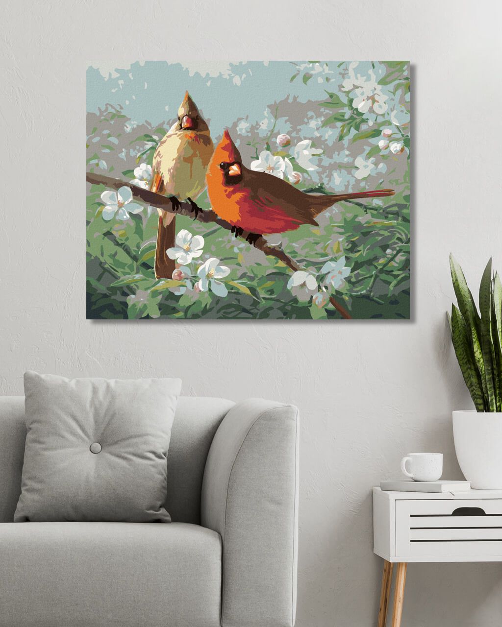 zuty Malování podle čísel - PTÁK KARDINÁL A BÍLE ROZKVETLÁ VĚTEV (JOE HAUTMAN) - Rozměr: 40x50 cm, Rámování: Varianta: vypnuté plátno na rám - obrázek 2