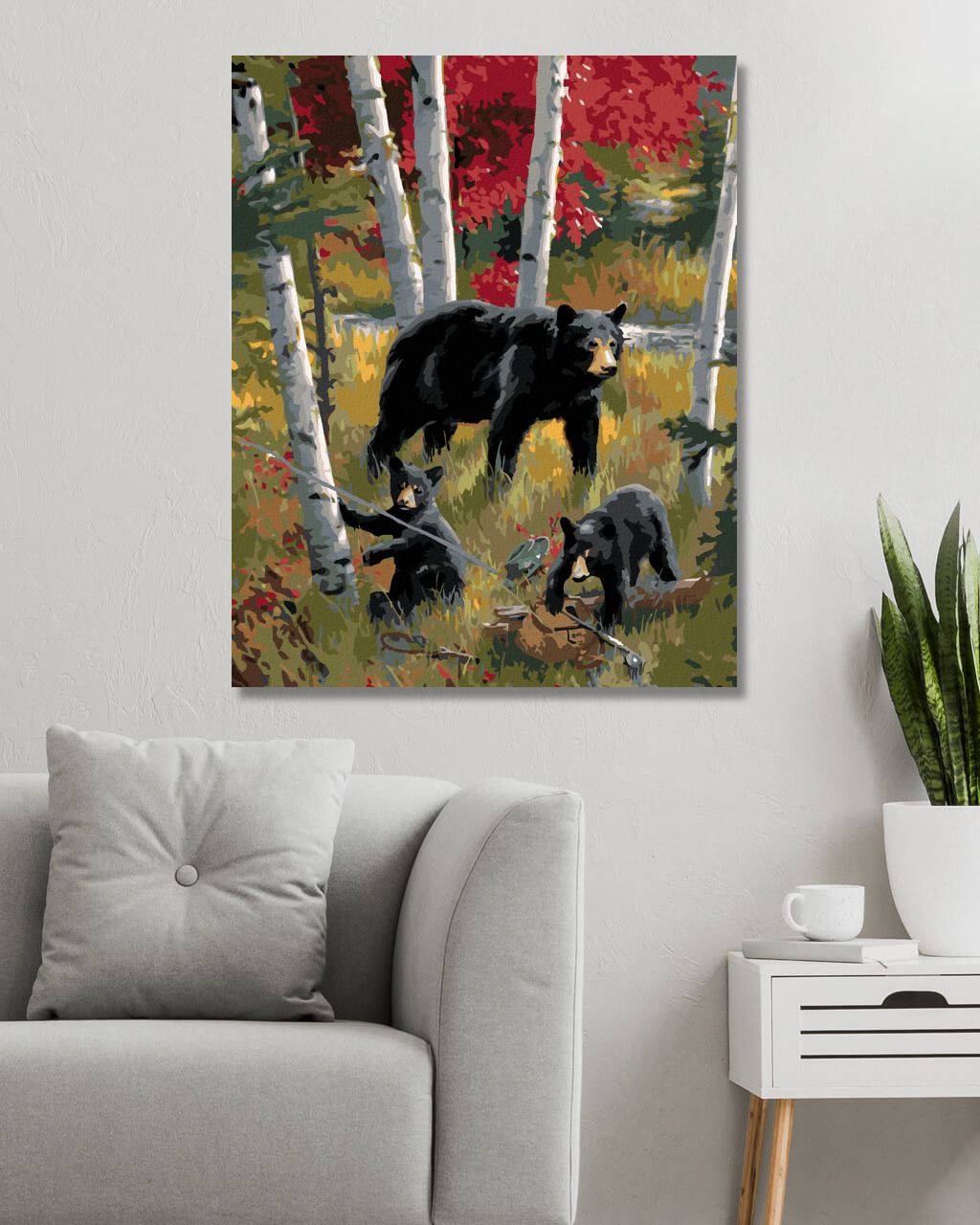 zuty Malování podle čísel – ČERNÝ MEDVĚD S MLAĎATY A BŘÍZY (JOE HAUTMAN) - Rozměr: 40x50 cm, Rámování: Varianta: vypnuté plátno na rám - obrázek 3
