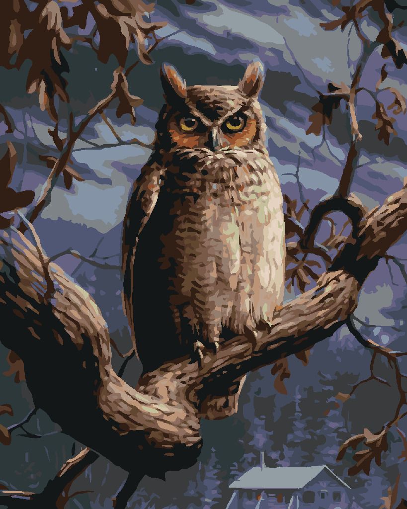 zuty Malování podle čísel - SOVA NA VĚTVI V NOCI A CHATA (JOE HAUTMAN) - Rozměr: 40x50 cm, Rámování: Varianta: bez rámu a bez vypnutí plátna - obrázek 3