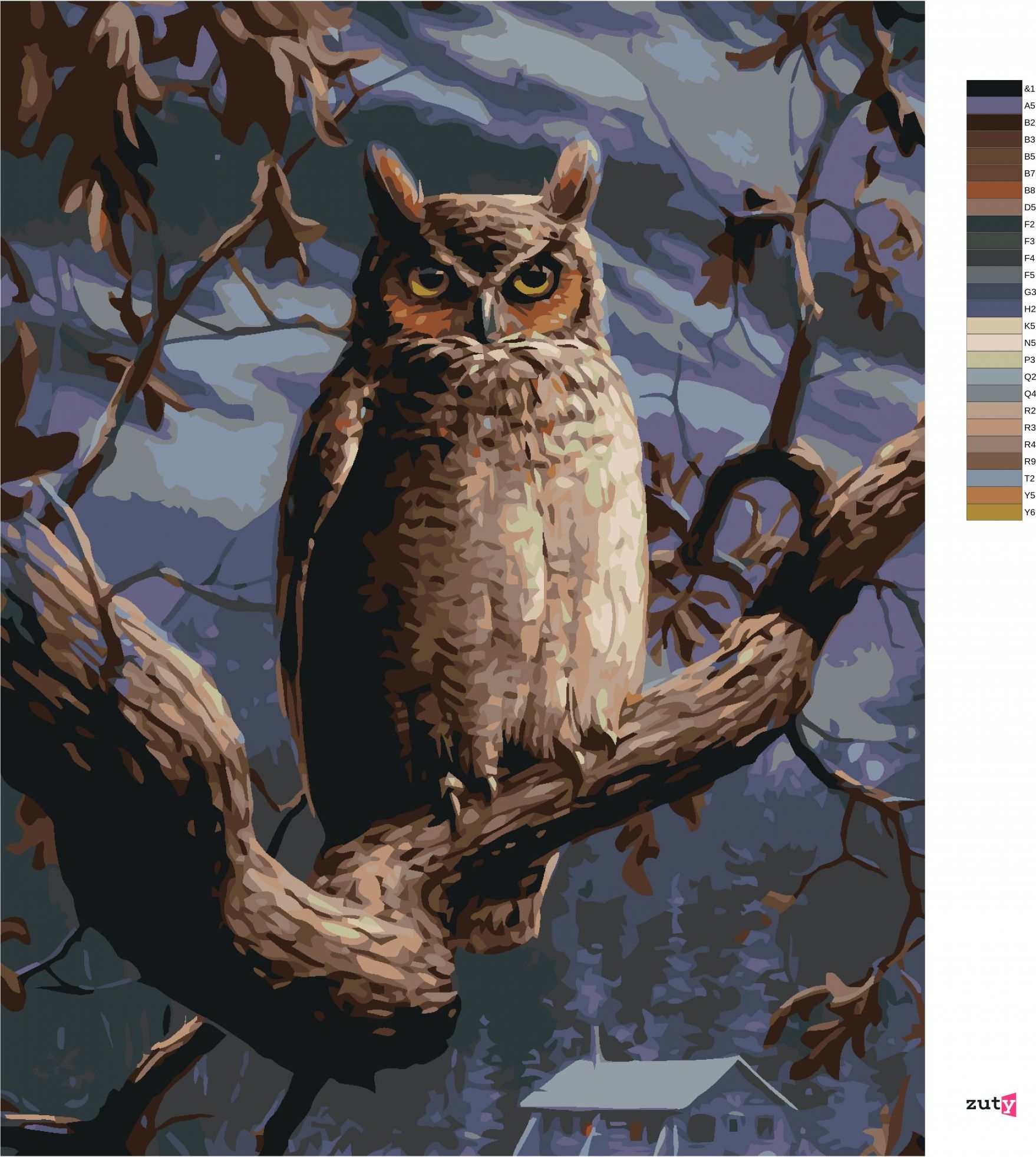 zuty Malování podle čísel - SOVA NA VĚTVI V NOCI A CHATA (JOE HAUTMAN) - Rozměr: 40x50 cm, Rámování: Varianta: bez rámu a bez vypnutí plátna - obrázek 4