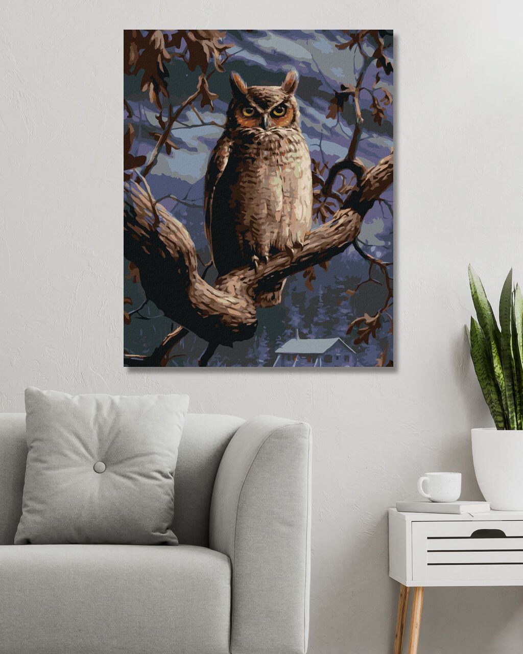 zuty Malování podle čísel - SOVA NA VĚTVI V NOCI A CHATA (JOE HAUTMAN) - Rozměr: 40x50 cm, Rámování: Varianta: bez rámu a bez vypnutí plátna - obrázek 8