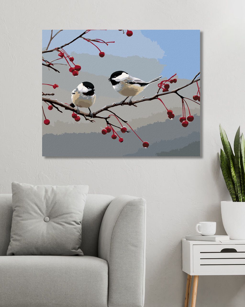 zuty Malování podle čísel – SÝKORA A VETĚV S PLODY (JOE HAUTMAN) - Rozměr: 40x50 cm, Rámování: Varianta: vypnuté plátno na rám - obrázek 3