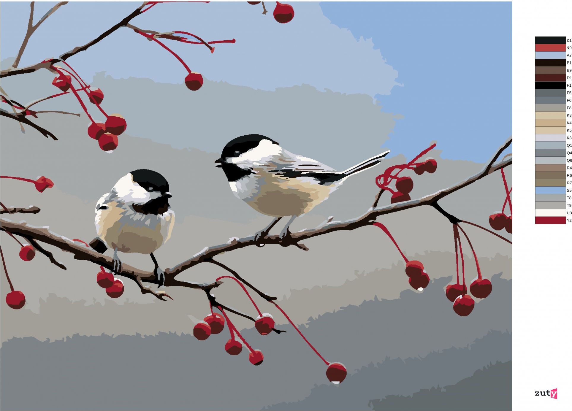 zuty Malování podle čísel – SÝKORA A VETĚV S PLODY (JOE HAUTMAN) - Rozměr: 40x50 cm, Rámování: Varianta: vypnuté plátno na rám - obrázek 5