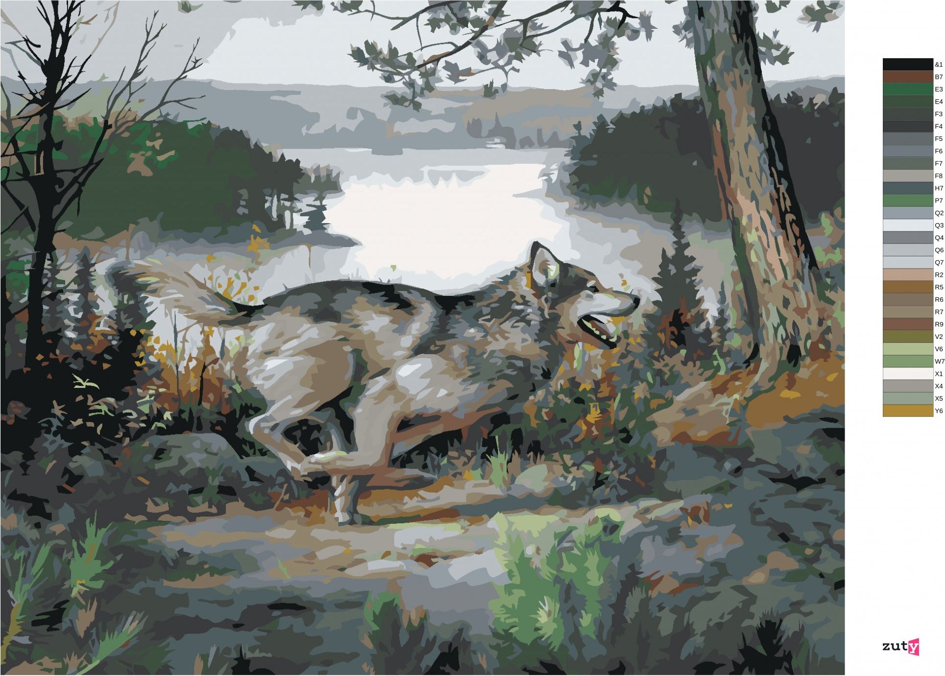 zuty Malování podle čísel - VLK V BĚHU, RYBNÍK A STROMY (JOE HAUTMAN) - Rozměr: 40x50 cm, Rámování: Varianta: bez rámu a bez vypnutí plátna - obrázek 5