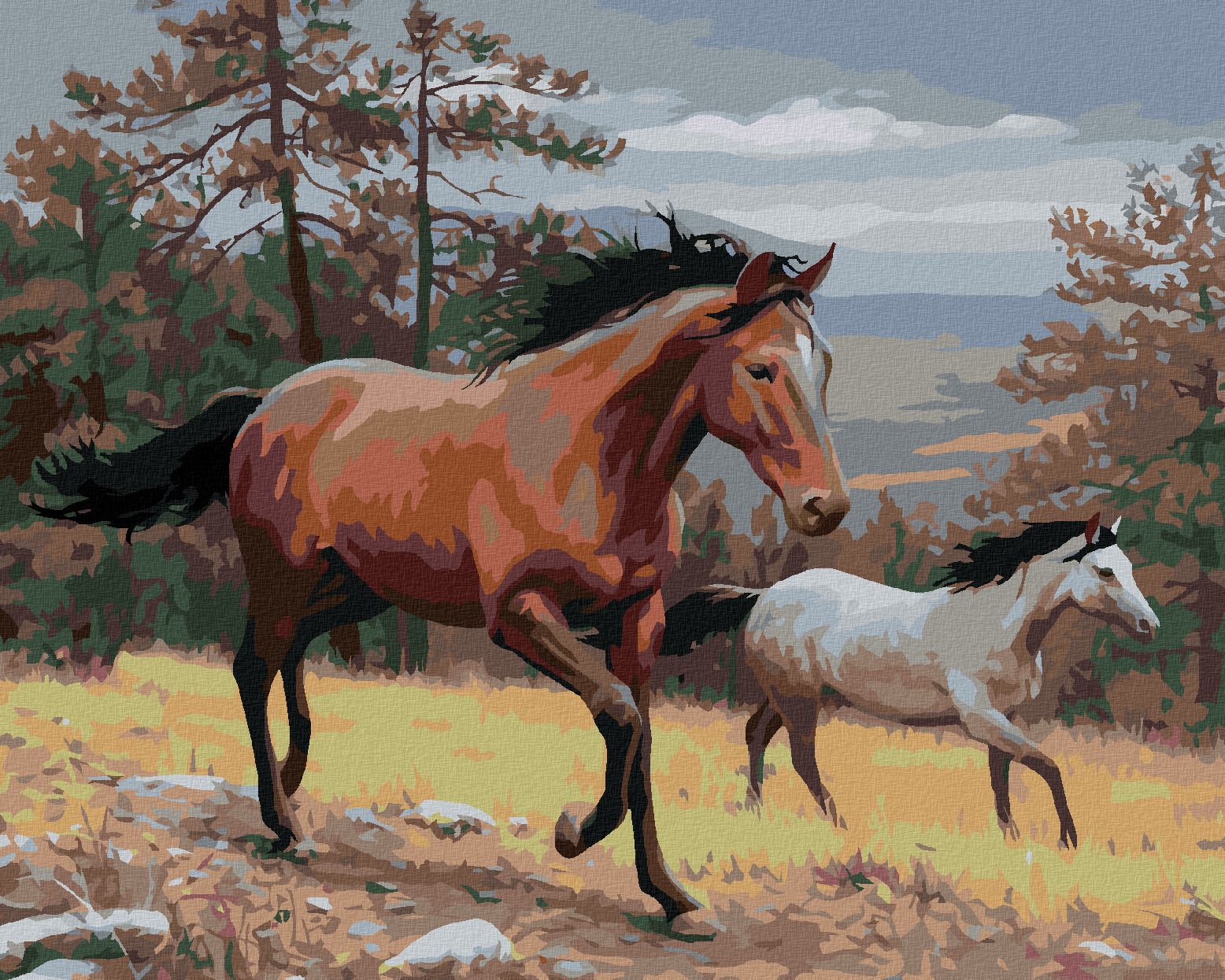 zuty Malování podle čísel - BĚŽÍCÍ KONĚ A HORY (JOE HAUTMAN) - Rozměr: 40x50 cm, Rámování: Varianta: vypnuté plátno na rám - obrázek 1