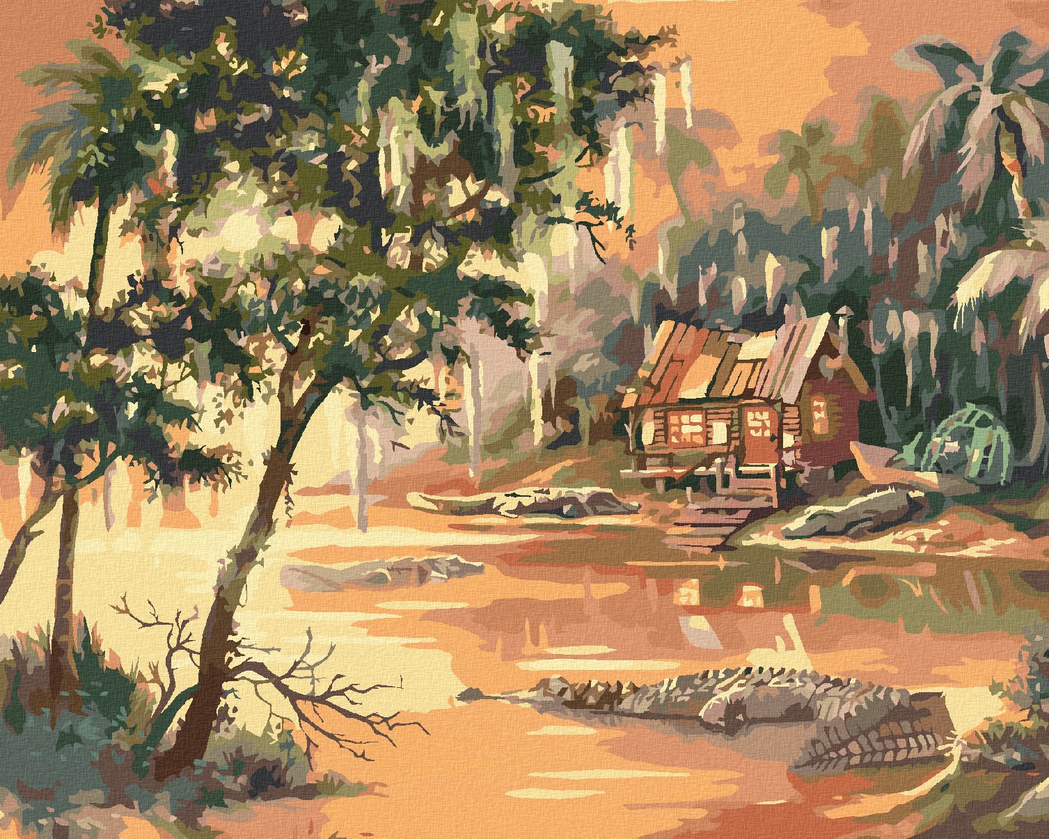 zuty Malování podle čísel - ALIGÁTOŘI VE VODĚ A CHATA V DŽUNGLI (D. RUSTY RUST) - Rozměr: 40x50 cm, Rámování: Varianta: bez rámu a bez vypnutí plátna - obrázek 1