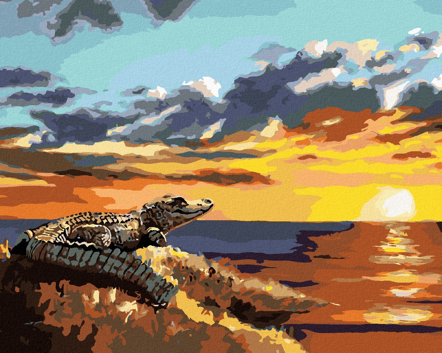zuty Malování podle čísel - HLEDÍCÍ ALIGÁTOR A ZÁPAD SLUNCE (D. RUSTY RUST) - Rozměr: 40x50 cm, Rámování: Varianta: bez rámu a bez vypnutí plátna - obrázek 1