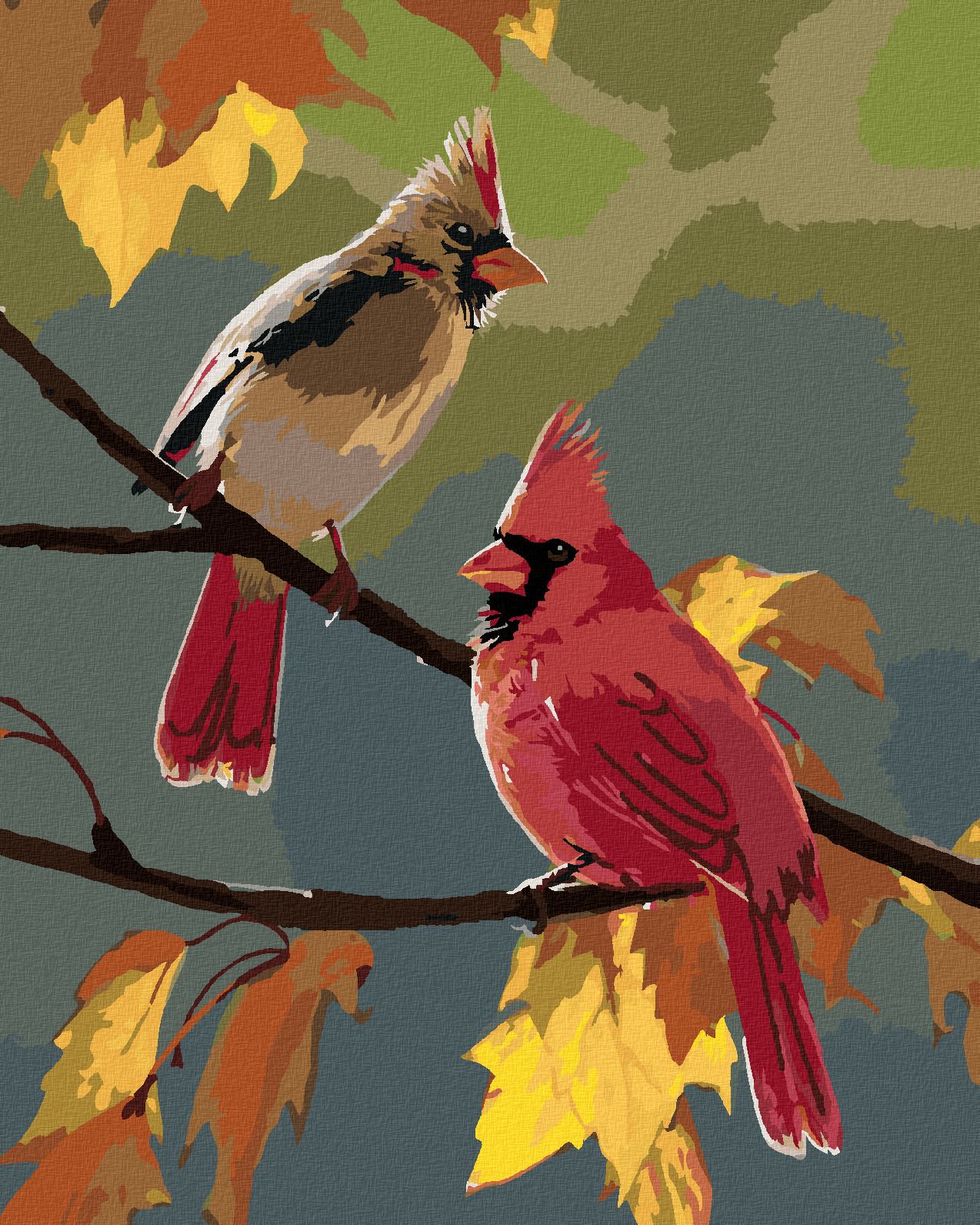zuty Malování podle čísel – PTÁK KARDINÁL A PODZIMNÍ LISTÍ (JOE HAUTMAN) - Rozměr: 40x50 cm, Rámování: Varianta: bez rámu a bez vypnutí plátna - obrázek 1