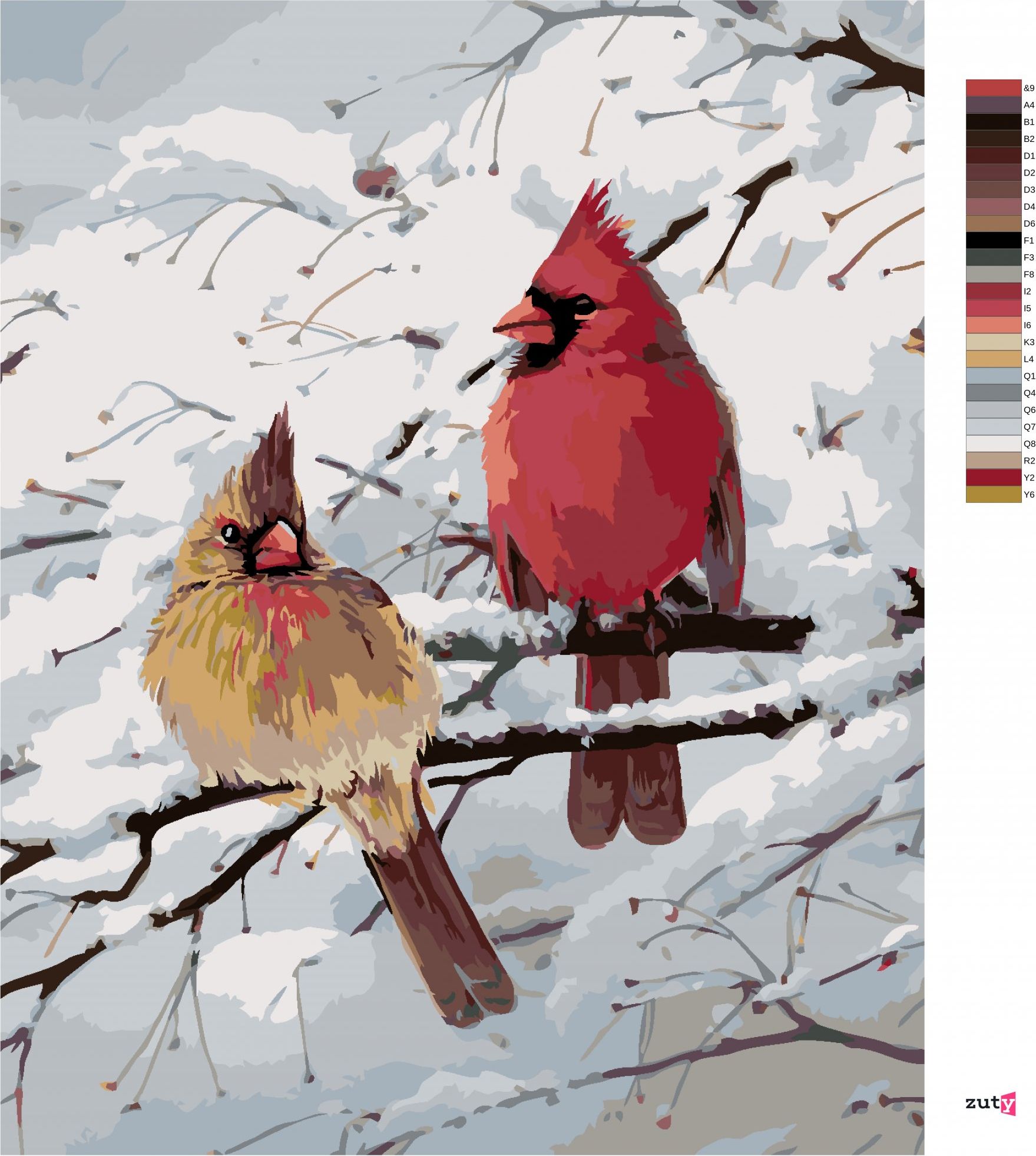 zuty Malování podle čísel – PTÁK KARDINÁL A ZASNĚŽENÁ VĚTEV (JOE HAUTMAN) - Rozměr: 40x50 cm, Rámování: Varianta: bez rámu a bez vypnutí plátna - obrázek 3