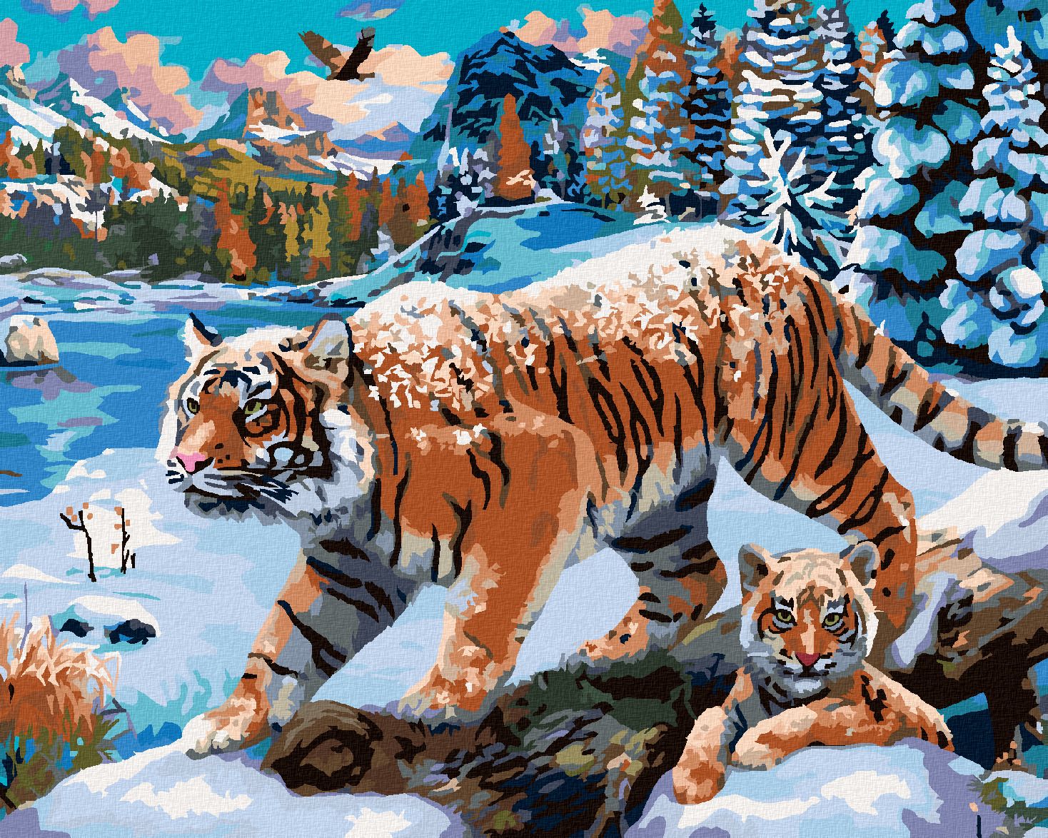 zuty Malování podle čísel - TYGŘI V ZIMĚ (IMAGE WORLD-AP) - Rozměr: 40x50 cm, Rámování: Varianta: vypnuté plátno na rám - obrázek 1