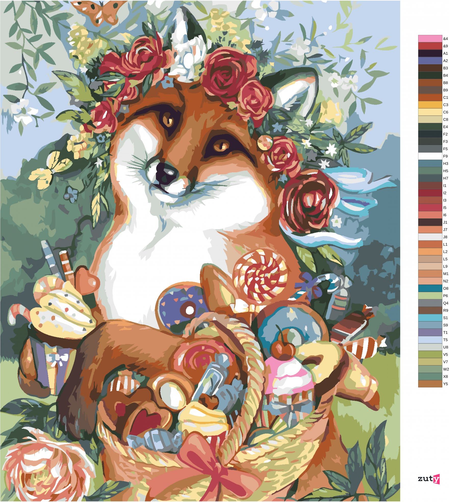 zuty Malování podle čísel – LIŠKA S KVĚTINOVOU KORUNOU A KOŠÍKEM PLNÝM SLADKOSTÍ (IMAGE WORLD-AP) - Rozměr: 40x50 cm, Rámování: Varianta: bez rámu a bez vypnutí plátna - obrázek 3