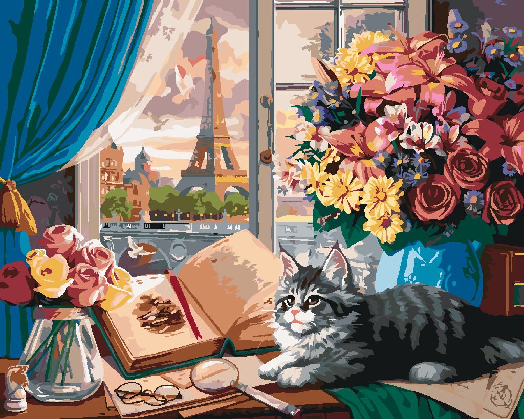 zuty Malování podle čísel - POHLED Z OKNA NA EIFFELOVU VĚŽ A KOTĚ (IMAGE WORLD-AP) - Rozměr: 40x50 cm, Rámování: Varianta: vypnuté plátno na rám - obrázek 2