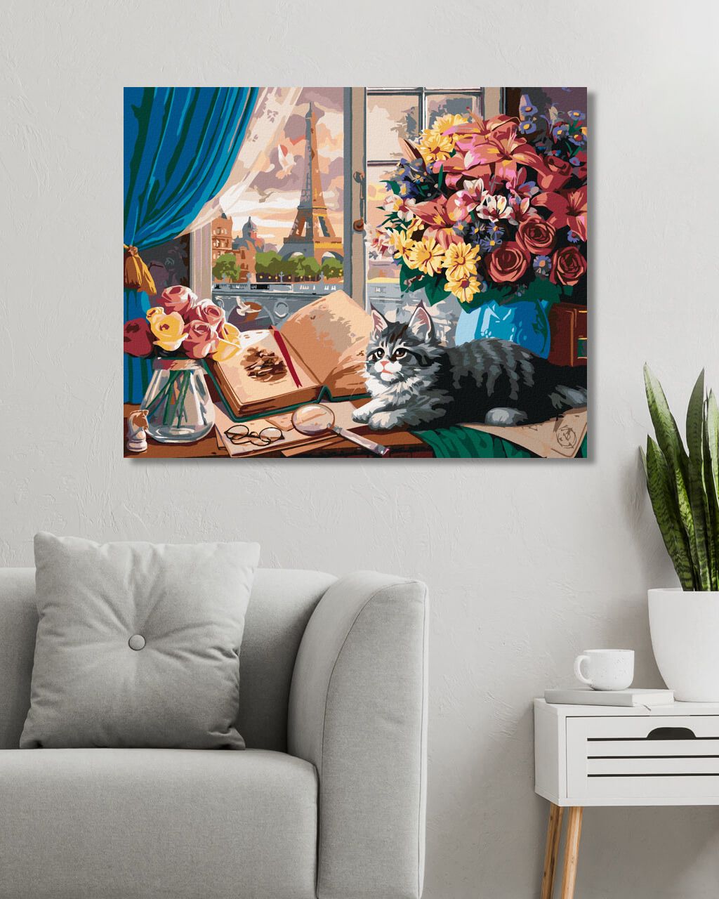 zuty Malování podle čísel - POHLED Z OKNA NA EIFFELOVU VĚŽ A KOTĚ (IMAGE WORLD-AP) - Rozměr: 40x50 cm, Rámování: Varianta: vypnuté plátno na rám - obrázek 4