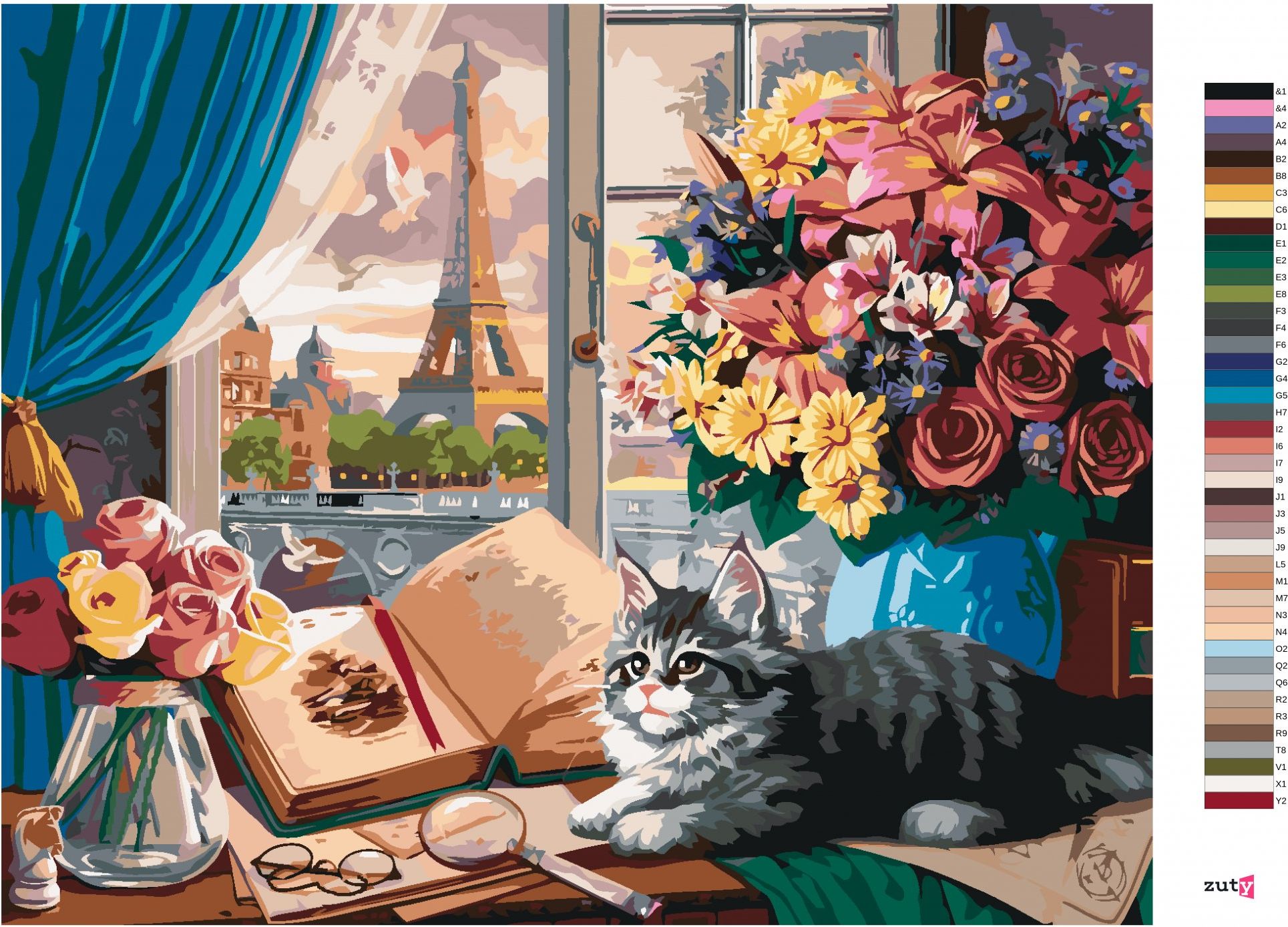 zuty Malování podle čísel - POHLED Z OKNA NA EIFFELOVU VĚŽ A KOTĚ (IMAGE WORLD-AP) - Rozměr: 40x50 cm, Rámování: Varianta: vypnuté plátno na rám - obrázek 7