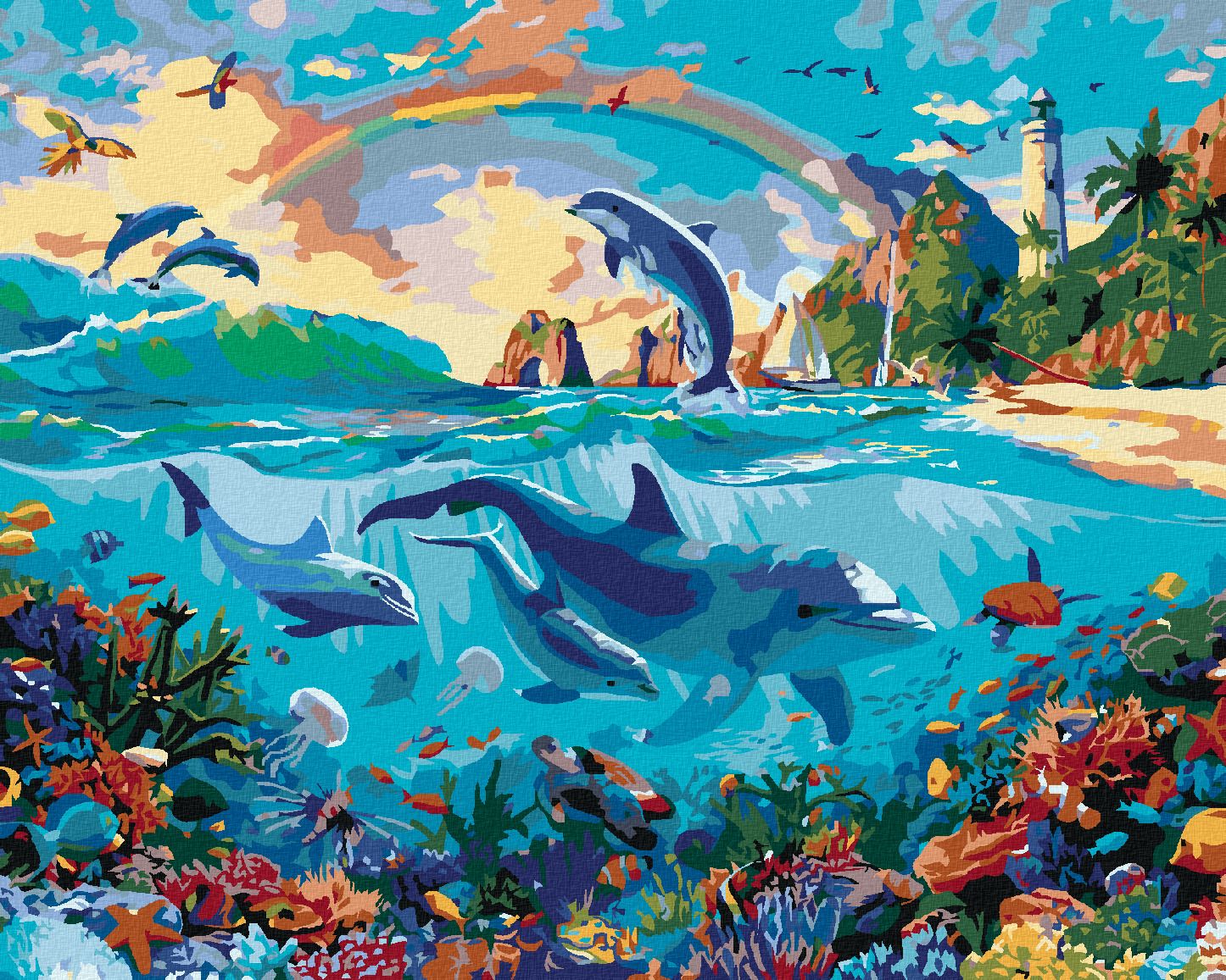 zuty Malování podle čísel - DELFÍNI V MOŘI (IMAGE WORLD-AP) - Rozměr: 40x50 cm, Rámování: Varianta: bez rámu a bez vypnutí plátna - obrázek 1