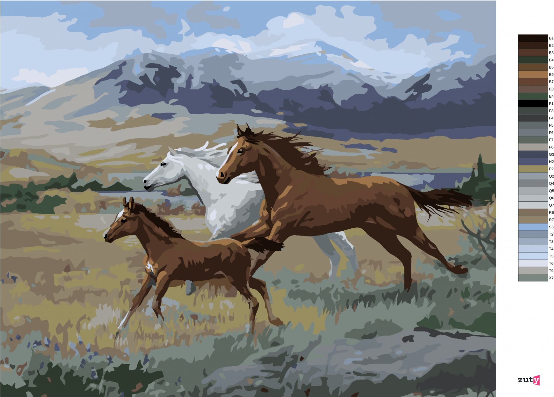 zuty Malování podle čísel – BĚŽÍCÍ KONĚ, HŘÍBĚ A HORY (JOE HAUTMAN) - Rozměr: 40x50 cm, Rámování: Varianta: vypnuté plátno na rám - obrázek 4