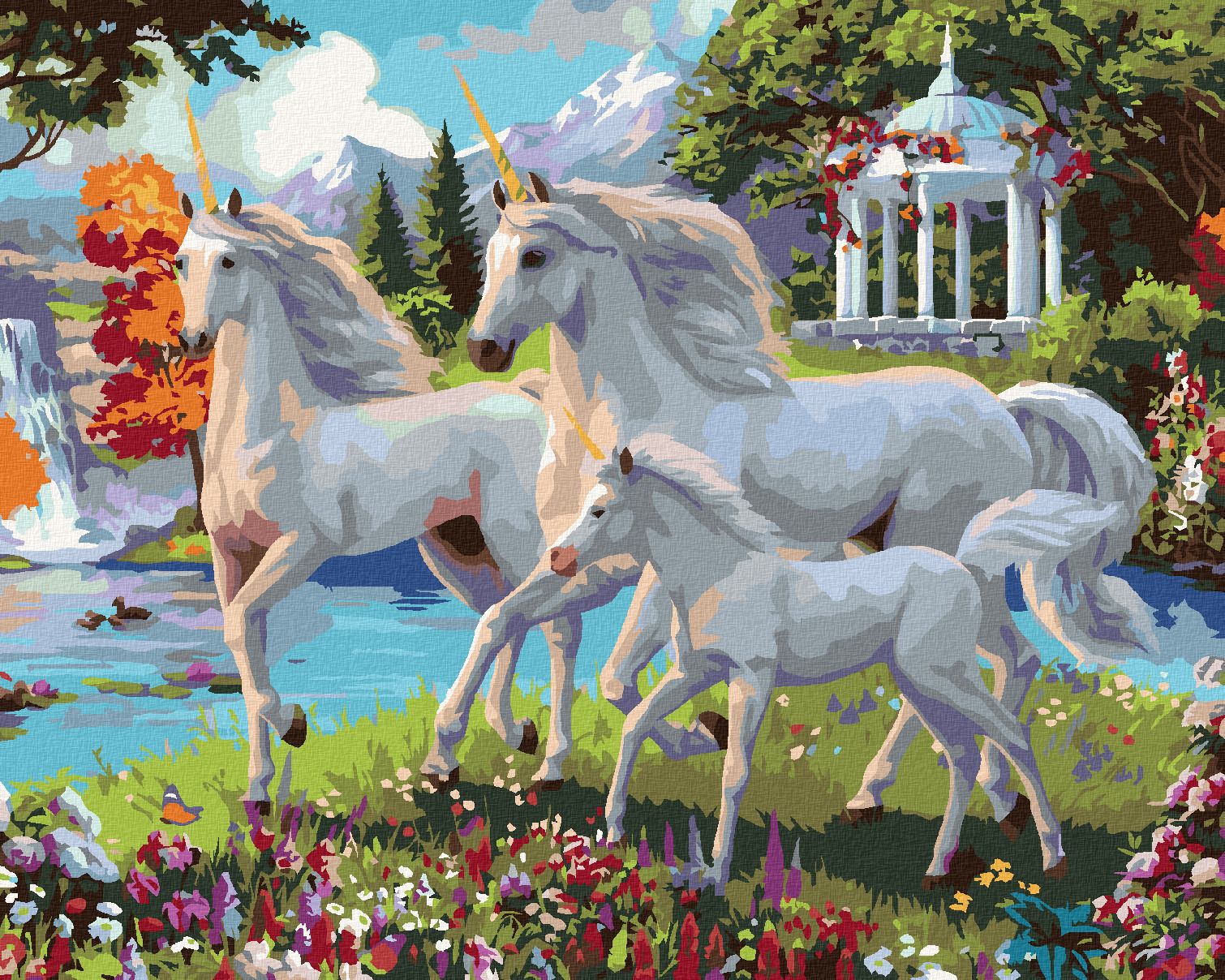 zuty Malování podle čísel – JEDNOROŽCI U VODOPÁDU (IMAGE WORLD-AP) - Rozměr: 40x50 cm, Rámování: Varianta: bez rámu a bez vypnutí plátna - obrázek 1