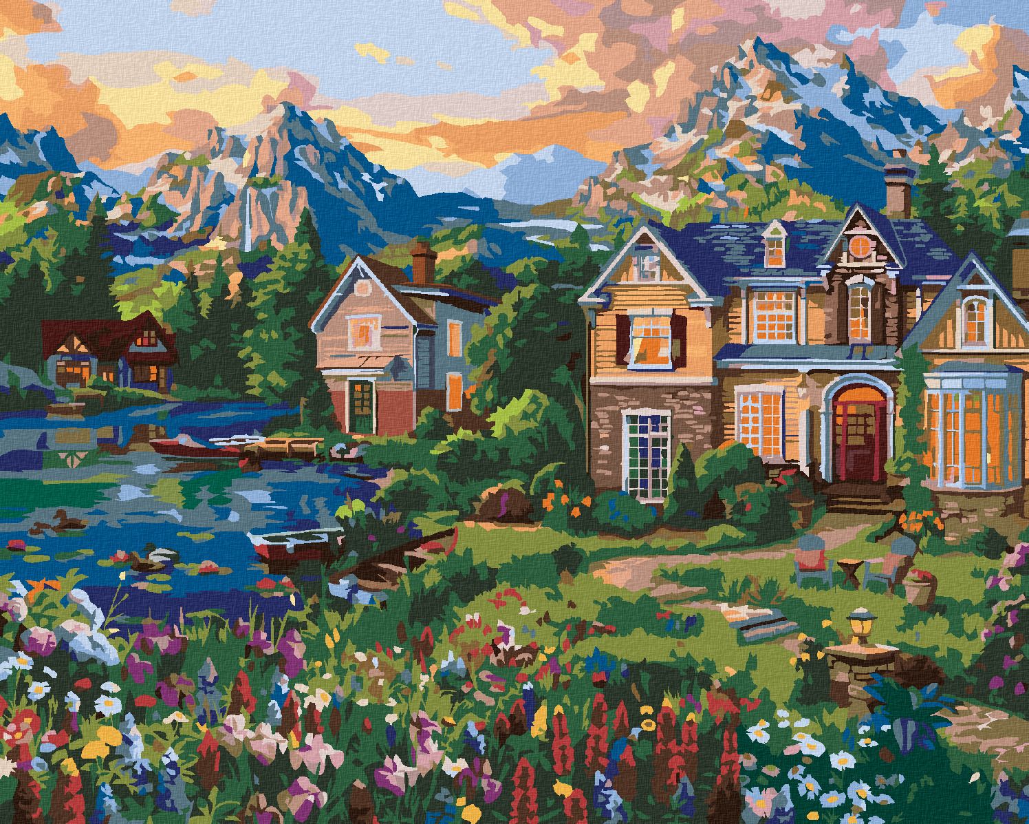 zuty Malování podle čísel – DOMY U JEZERA A HORY (IMAGE WORLD-AP) - Rozměr: 40x50 cm, Rámování: Varianta: vypnuté plátno na rám - obrázek 1