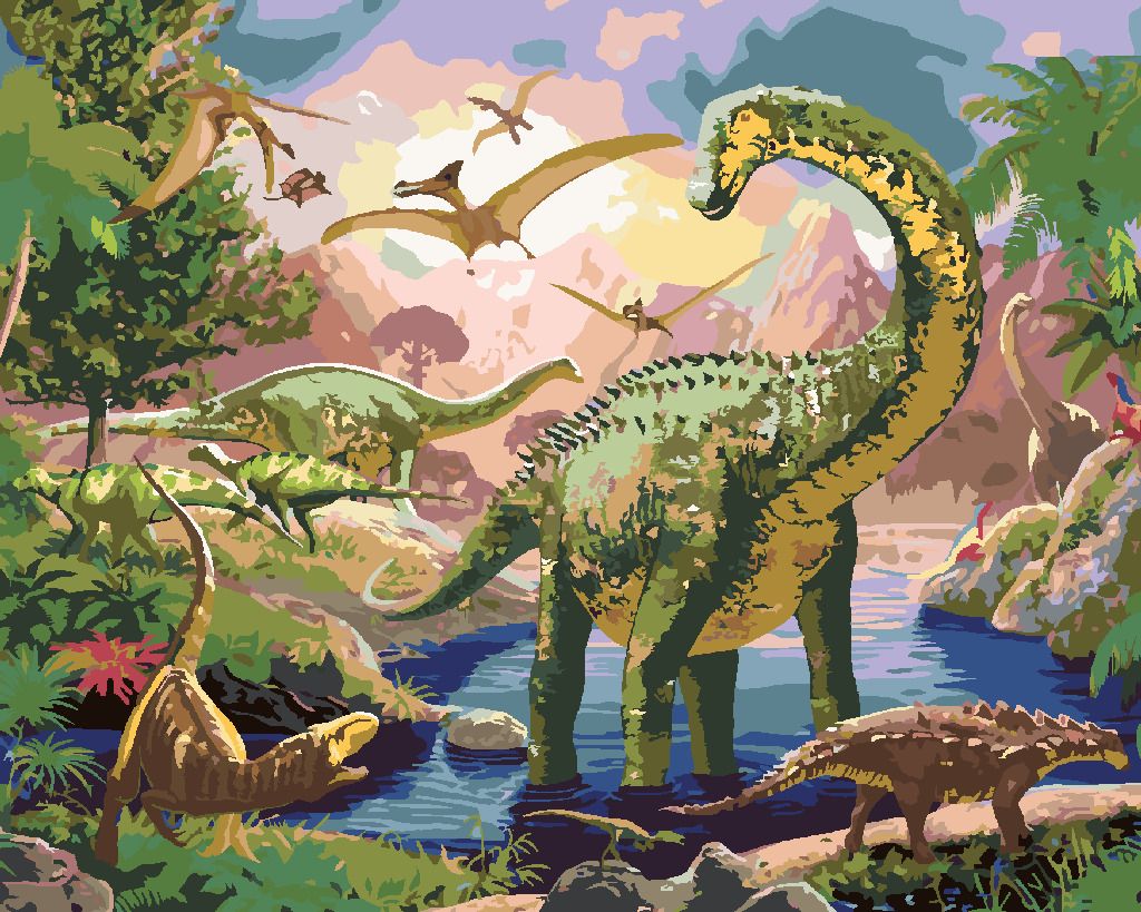 zuty Malování podle čísel - DINOSAUŘI (IMAGE WORLD-AP) - Rozměr: 40x50 cm, Rámování: Varianta: bez rámu a bez vypnutí plátna - obrázek 2