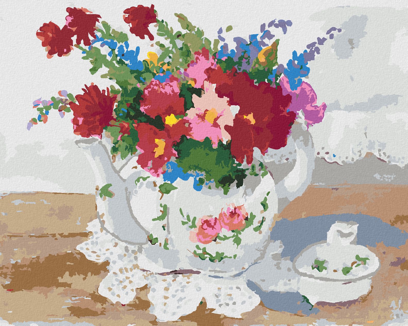 zuty Malování podle čísel – KVĚTINY V ČAJOVÉ KONVICI (JUDY BUSWELL) - Rozměr: 40x50 cm, Rámování: Varianta: vypnuté plátno na rám - obrázek 1