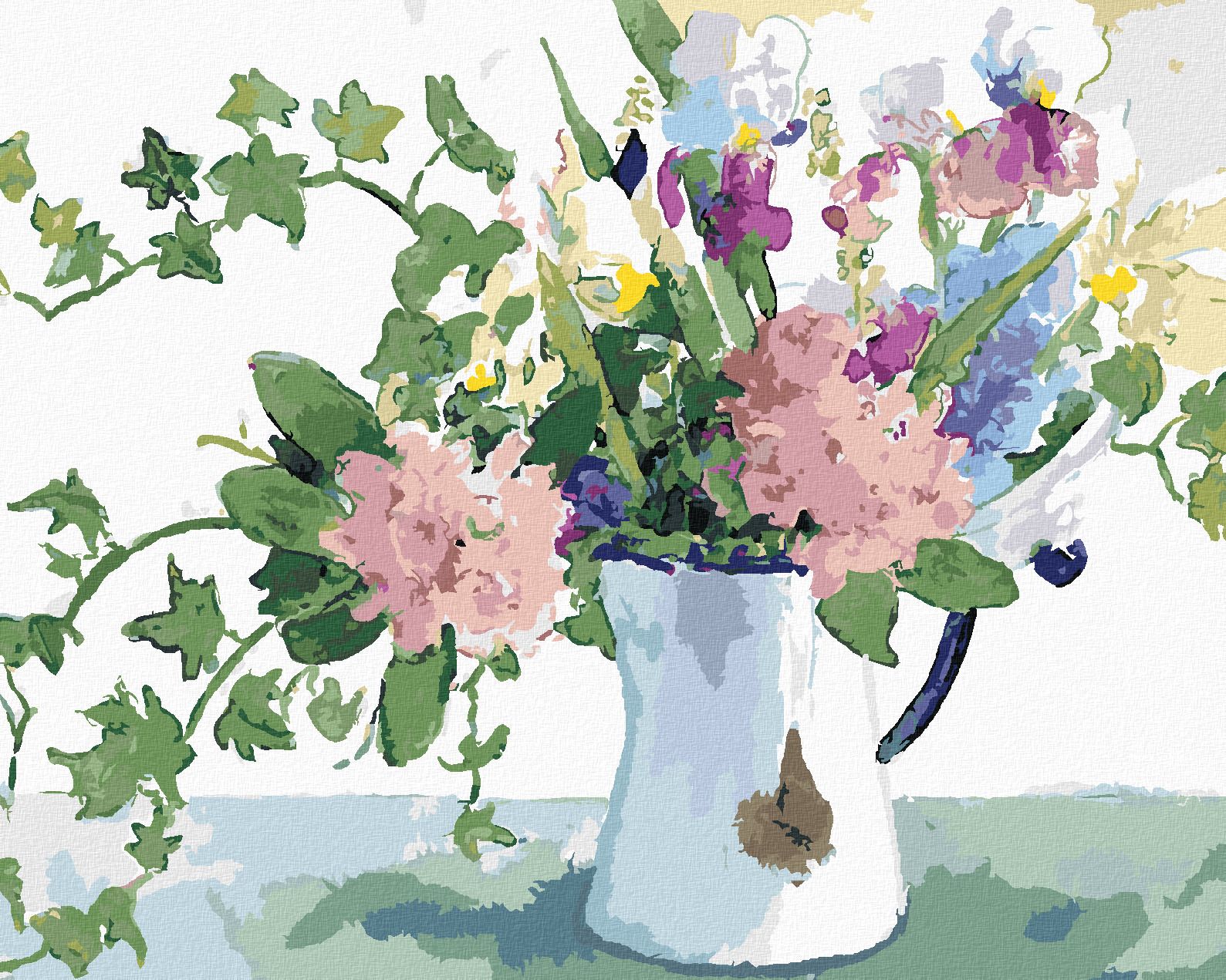 zuty Malování podle čísel – KVĚTINY A BŘEČŤAN V KONVICI (JUDY BUSWELL) - Rozměr: 40x50 cm, Rámování: Varianta: bez rámu a bez vypnutí plátna - obrázek 1