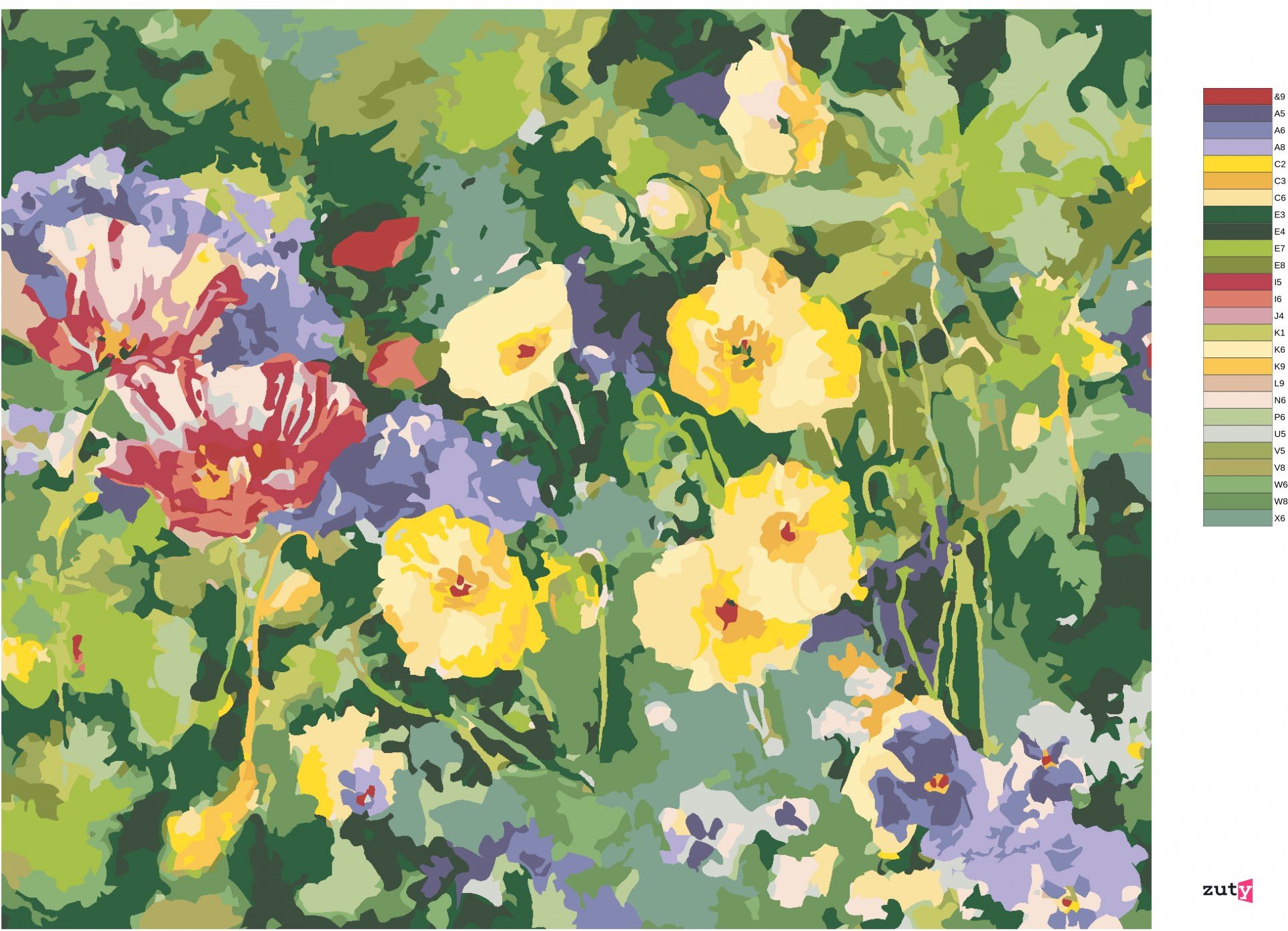 zuty Malování podle čísel – ZÁHON BAREVNÝCH KVĚTIN (JUDY BUSWELL) - Rozměr: 40x50 cm, Rámování: Varianta: vypnuté plátno na rám - obrázek 3