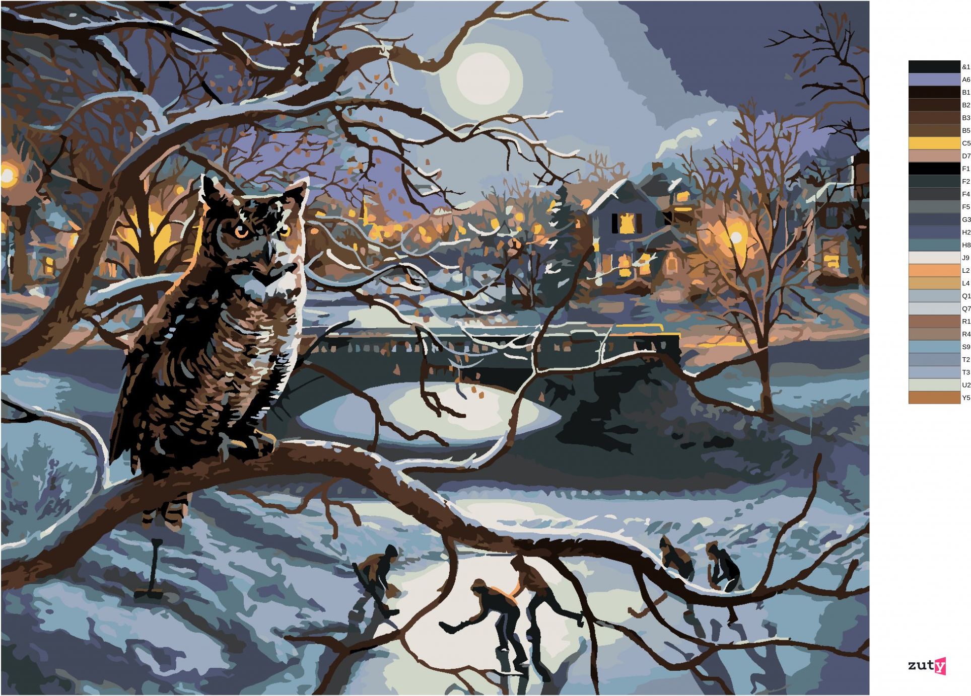 zuty Malování podle čísel - SOVA NA VĚTVI NA KRAJI MĚSTA A DĚTI HRAJÍCÍ HOKEJ NA ZAMRZLÉM JEZEŘE (JAMES MEGER) - Rozměr: 40x50 cm, Rámování: Varianta: vypnuté plátno na rám - obrázek 6