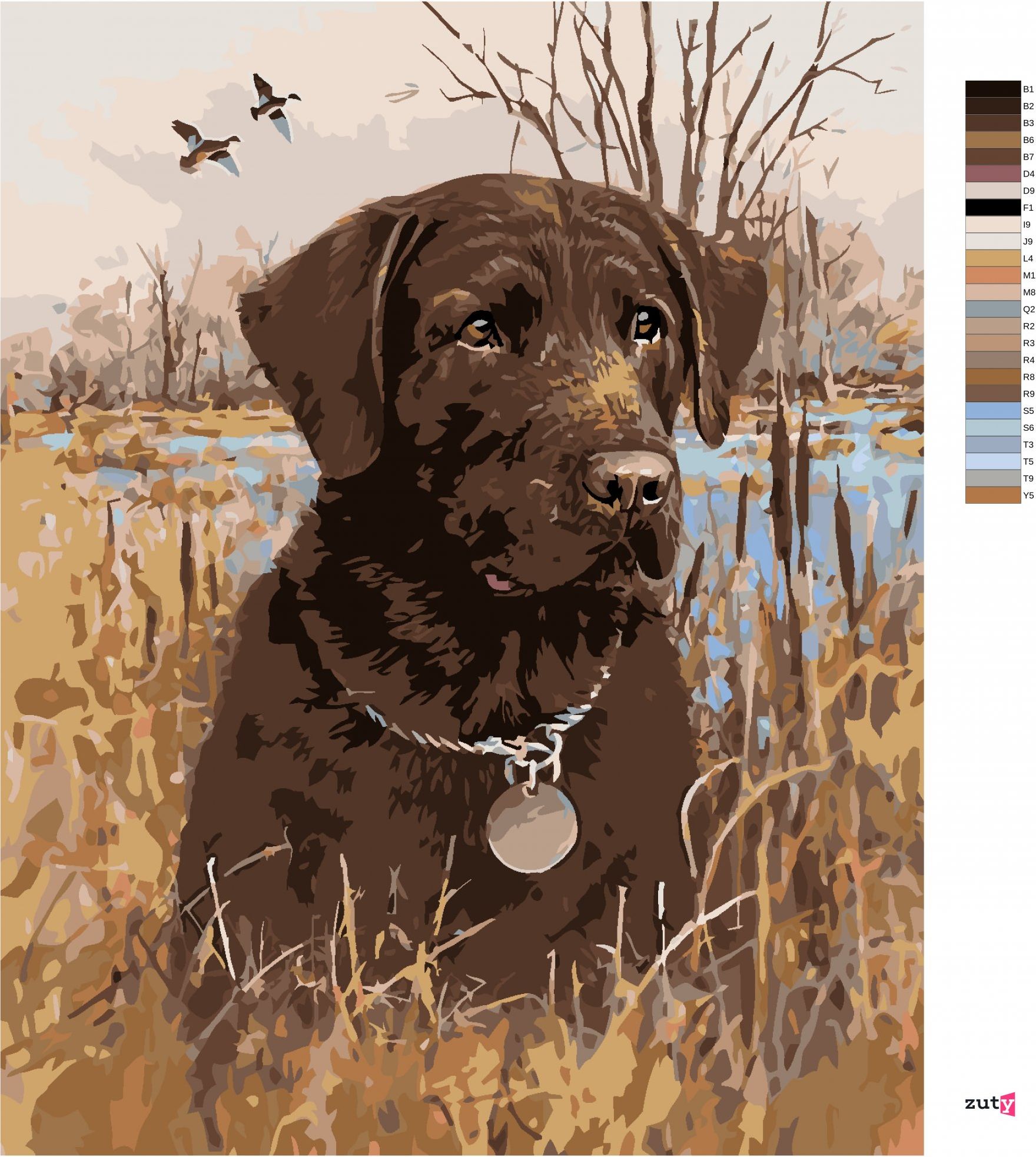 zuty Malování podle čísel - HNĚDÝ LABRADOR V RÁKOSÍ U RYBNÍKA (JIM KILLEN) - Rozměr: 40x50 cm, Rámování: Varianta: vypnuté plátno na rám - obrázek 2