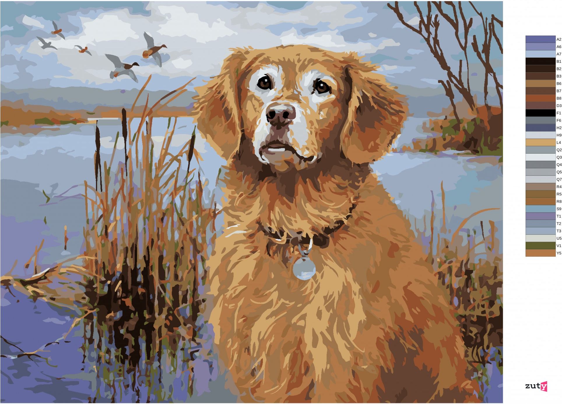 zuty Malování podle čísel - ZLATÝ RETRÍVR U RYBNÍKU A KACHNY (JIM KILLEN) - Rozměr: 40x50 cm, Rámování: Varianta: vypnuté plátno na rám - obrázek 5