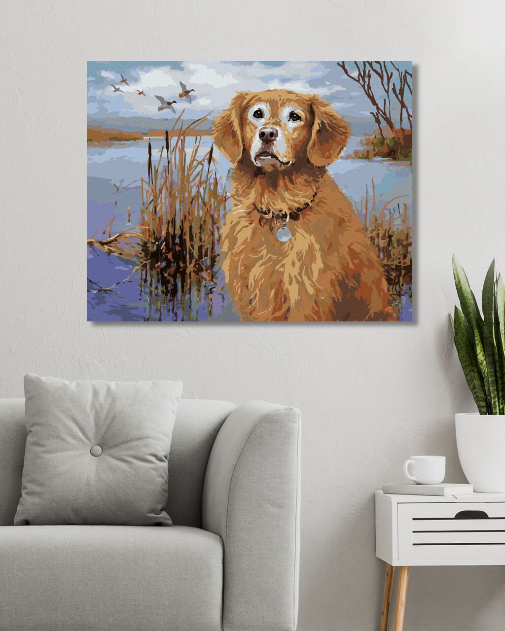 zuty Malování podle čísel - ZLATÝ RETRÍVR U RYBNÍKU A KACHNY (JIM KILLEN) - Rozměr: 40x50 cm, Rámování: Varianta: vypnuté plátno na rám - obrázek 6