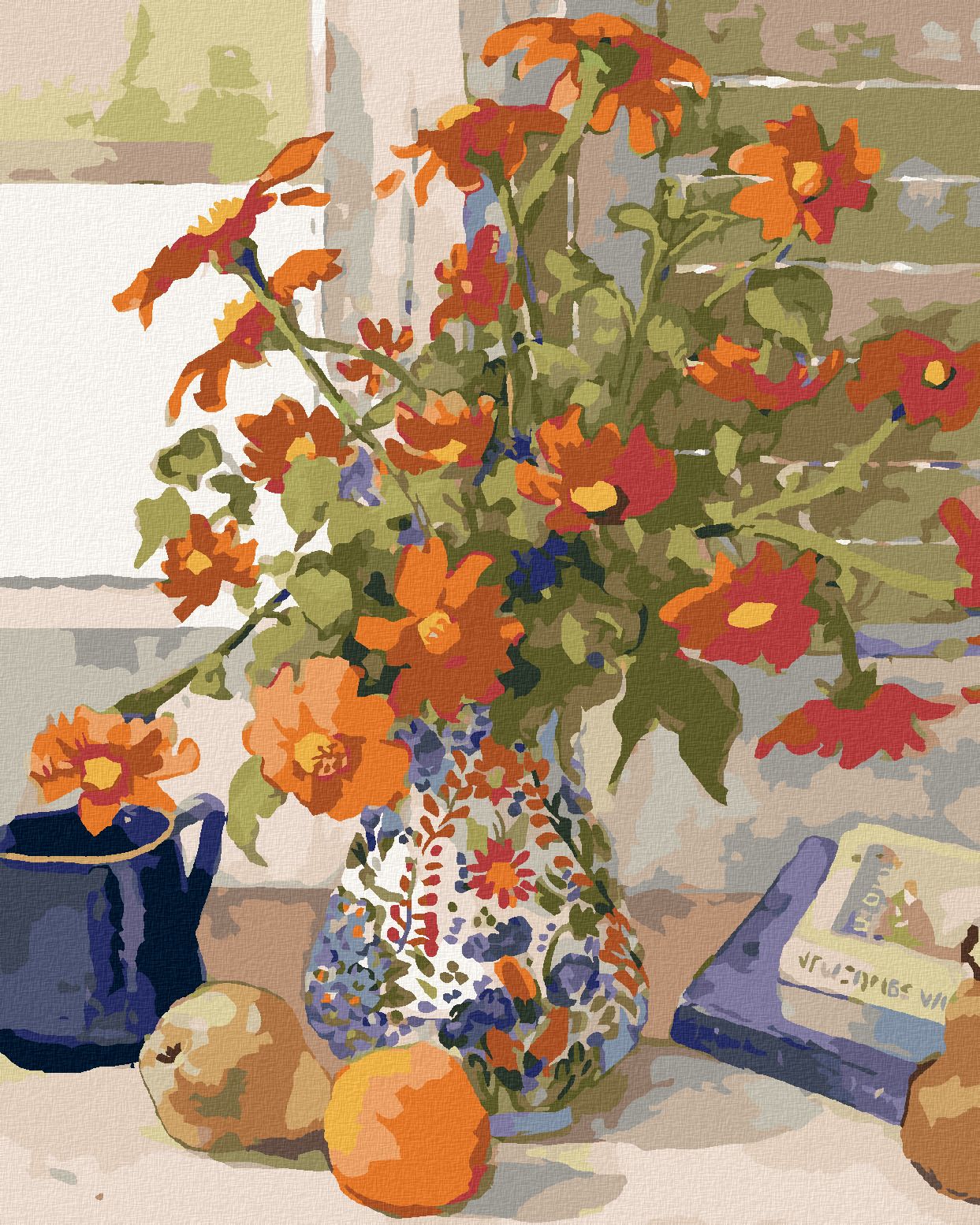 zuty Malování podle čísel – ČERVENÉ KVĚTINY V BAREVNÉ VÁZE NA PARAPETU (JUDY BUSWELL) - Rozměr: 40x50 cm, Rámování: Varianta: vypnuté plátno na rám - obrázek 1