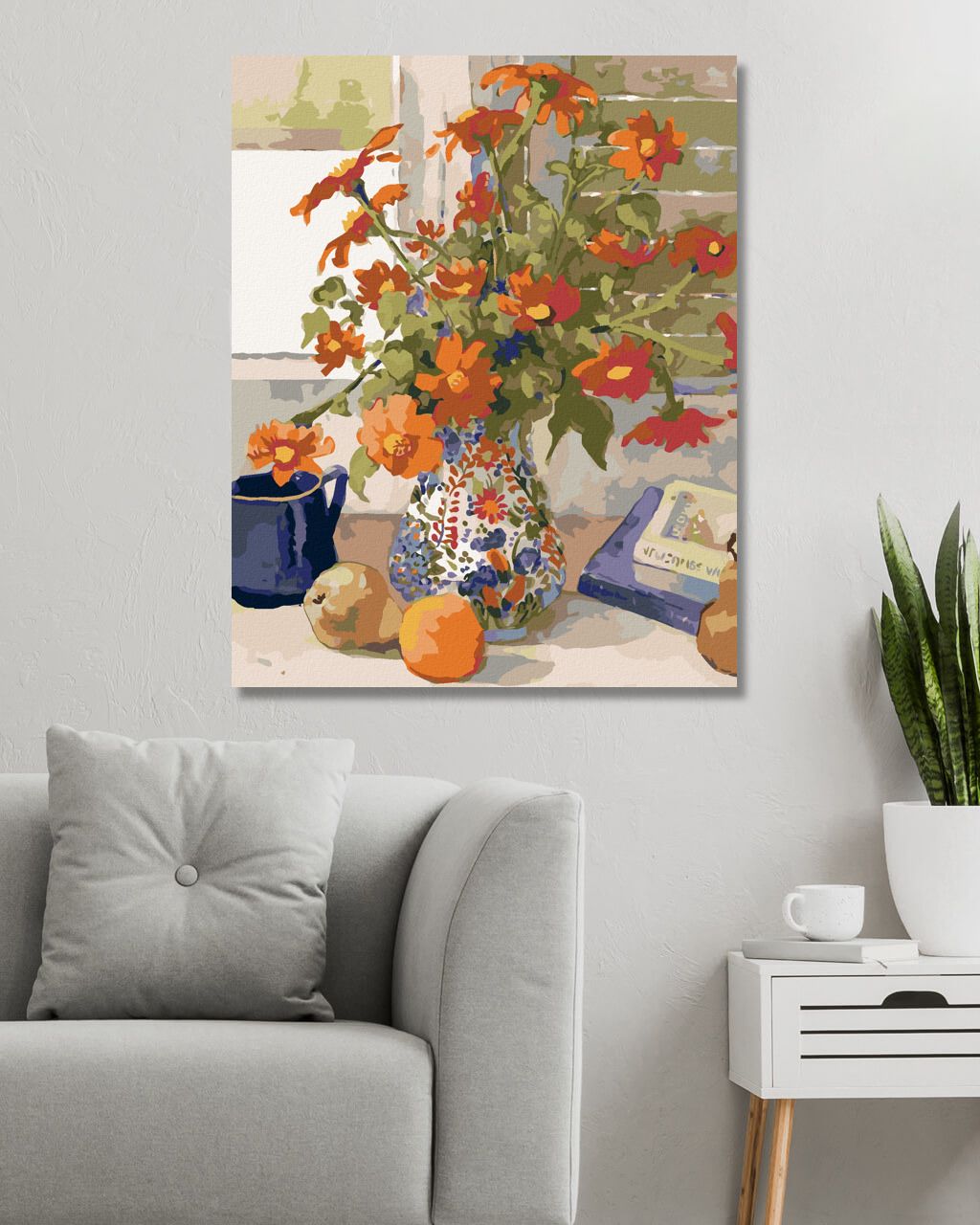 zuty Malování podle čísel – ČERVENÉ KVĚTINY V BAREVNÉ VÁZE NA PARAPETU (JUDY BUSWELL) - Rozměr: 40x50 cm, Rámování: Varianta: vypnuté plátno na rám - obrázek 4