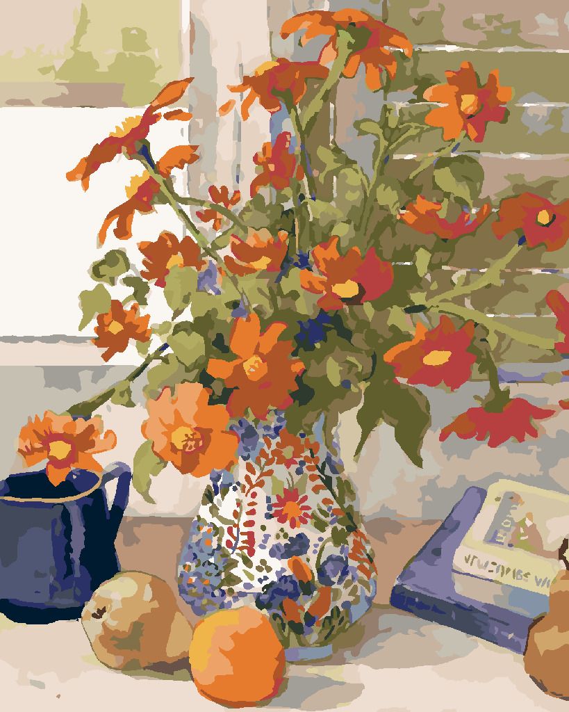 zuty Malování podle čísel – ČERVENÉ KVĚTINY V BAREVNÉ VÁZE NA PARAPETU (JUDY BUSWELL) - Rozměr: 40x50 cm, Rámování: Varianta: vypnuté plátno na rám - obrázek 7