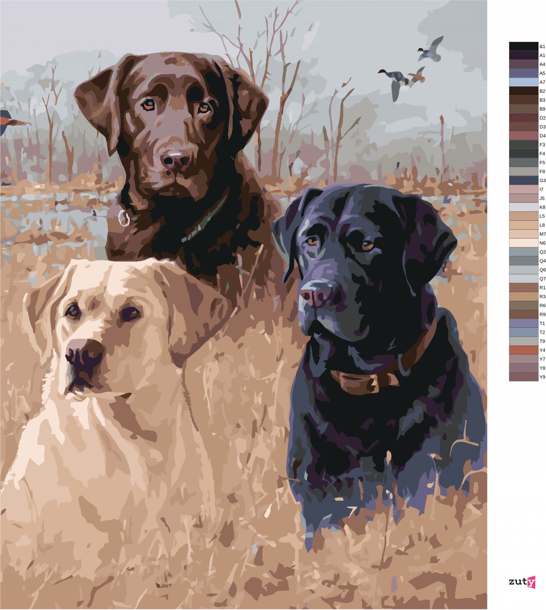 zuty Malování podle čísel - ZLATÝ, HNĚDÝ A ČERNÝ LABRADOR V RAKOSÍ U RYBNÍKA (JIM KILLEN) - Rozměr: 40x50 cm, Rámování: Varianta: bez rámu a bez vypnutí plátna - obrázek 10