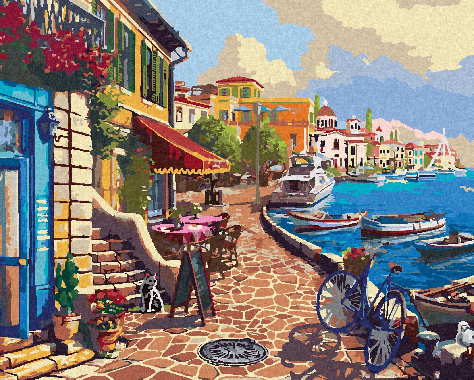 zuty Malování podle čísel - KAVÁRNA U MOŘE A LODĚ (IMAGE WORLD-RC) - Rozměr: 40x50 cm, Rámování: Varianta: bez rámu a bez vypnutí plátna - obrázek 1