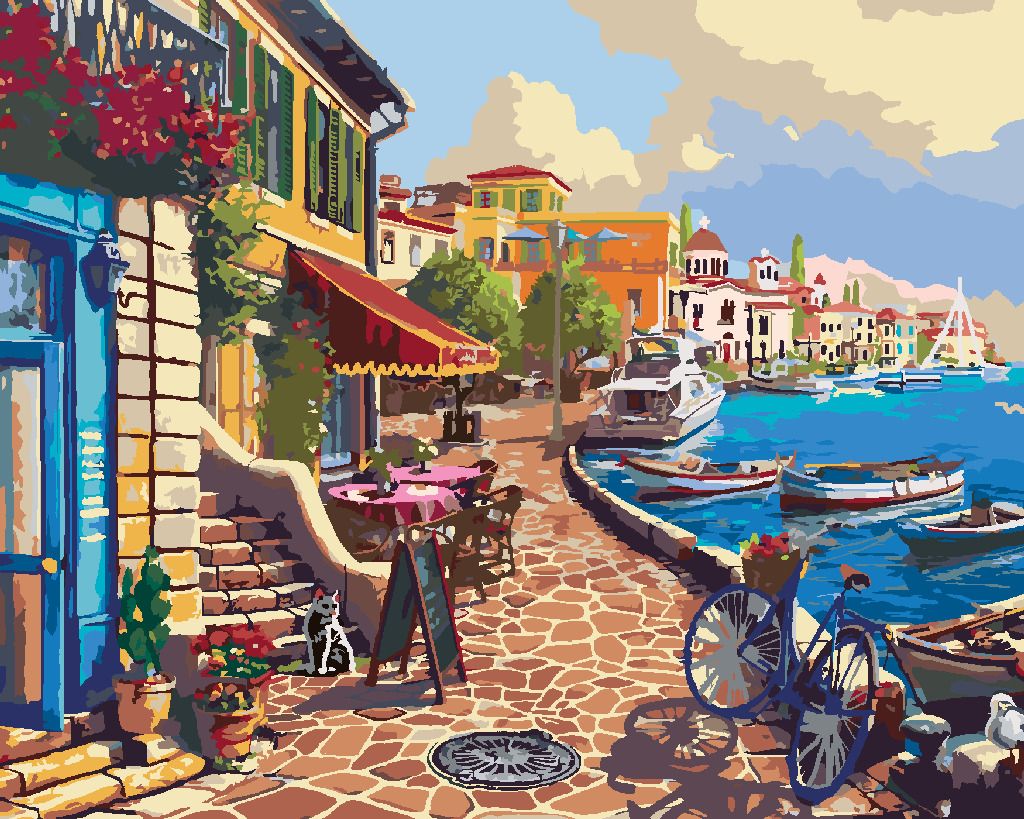 zuty Malování podle čísel - KAVÁRNA U MOŘE A LODĚ (IMAGE WORLD-RC) - Rozměr: 40x50 cm, Rámování: Varianta: bez rámu a bez vypnutí plátna - obrázek 6