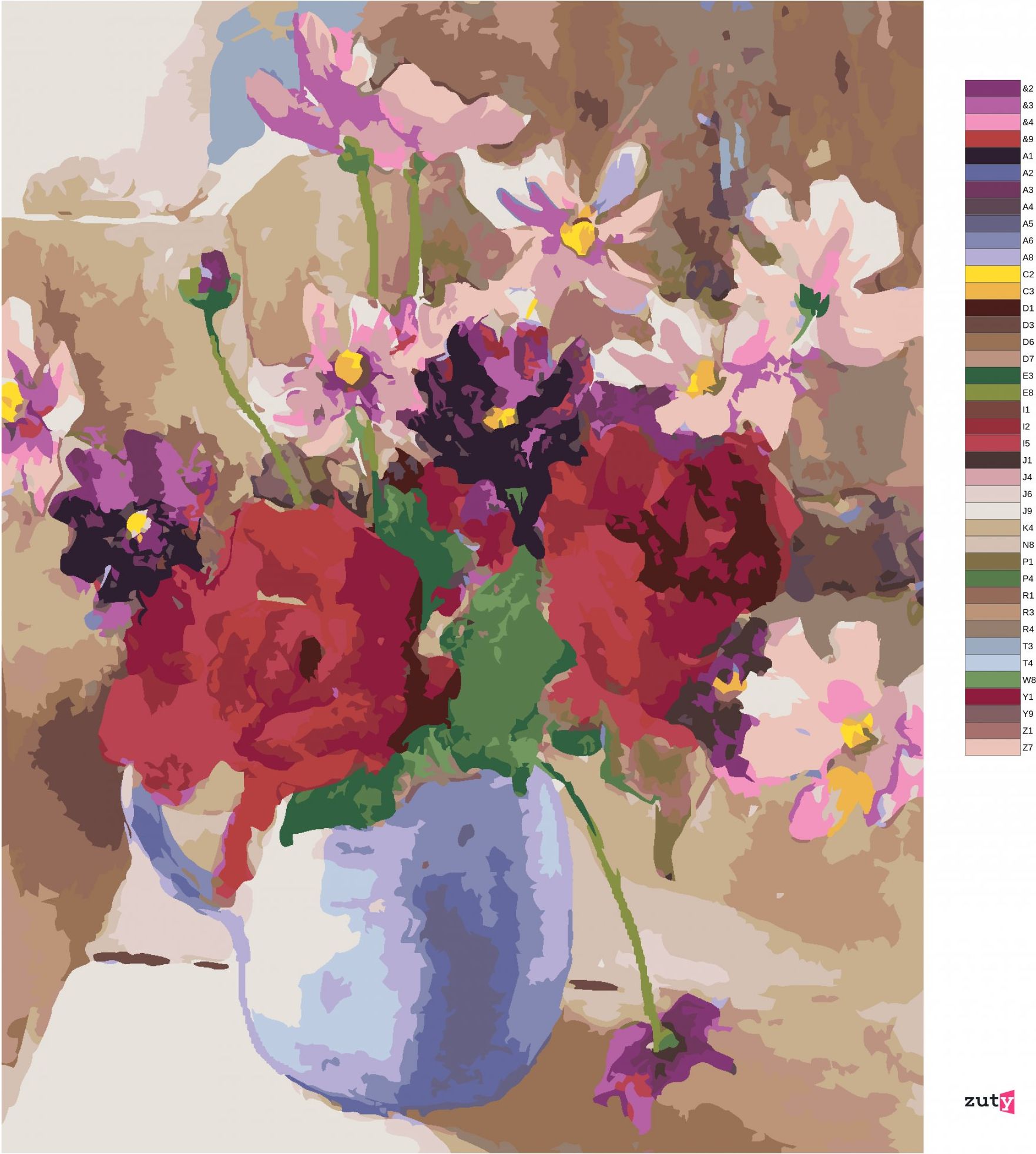 zuty Malování podle čísel – RŮŽOVOFIALOVÁ KYTICE VE DŽBÁNU (JUDY BUSWELL) - Rozměr: 40x50 cm, Rámování: Varianta: vypnuté plátno na rám - obrázek 3