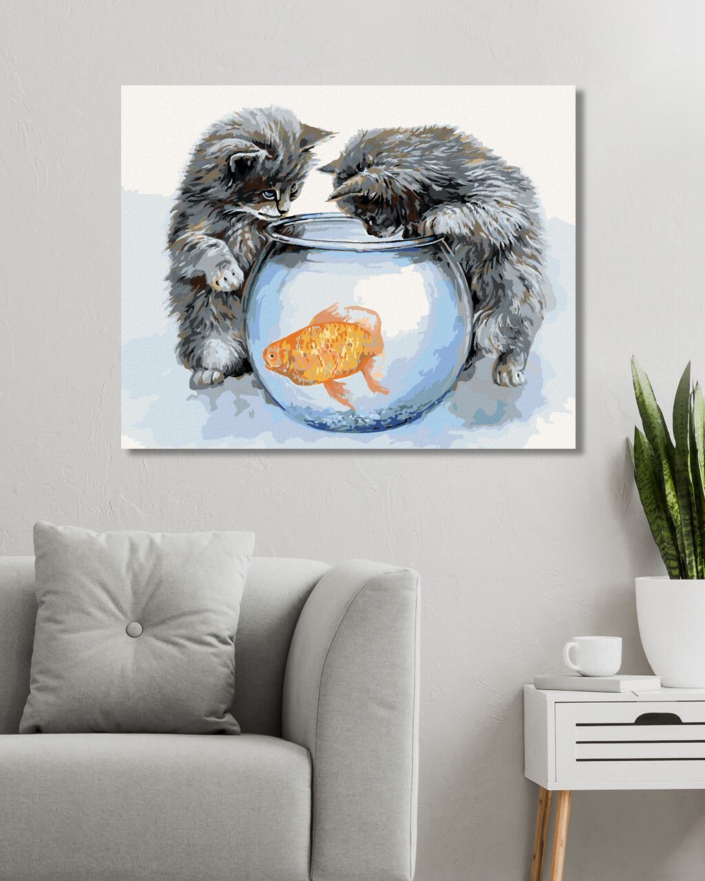 zuty Malování podle čísel – KOŤATA U AKVÁRIA A ZLATÁ RYBA (JIM KILLEN) - Rozměr: 40x50 cm, Rámování: Varianta: bez rámu a bez vypnutí plátna - obrázek 2