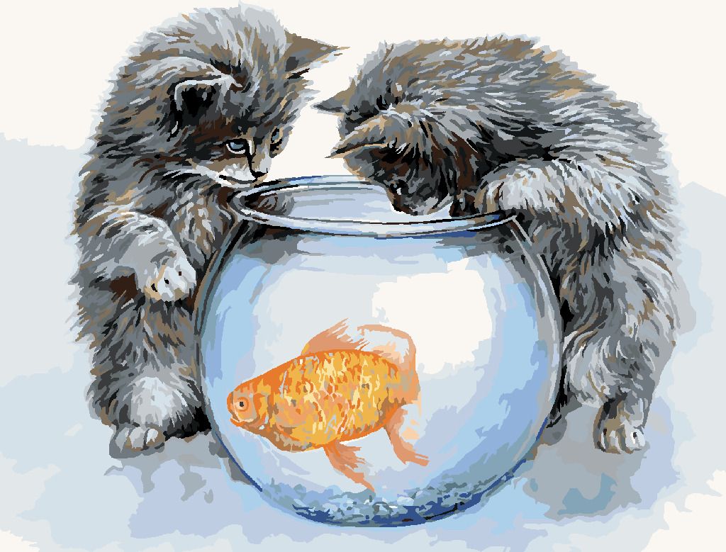 zuty Malování podle čísel – KOŤATA U AKVÁRIA A ZLATÁ RYBA (JIM KILLEN) - Rozměr: 40x50 cm, Rámování: Varianta: bez rámu a bez vypnutí plátna - obrázek 3