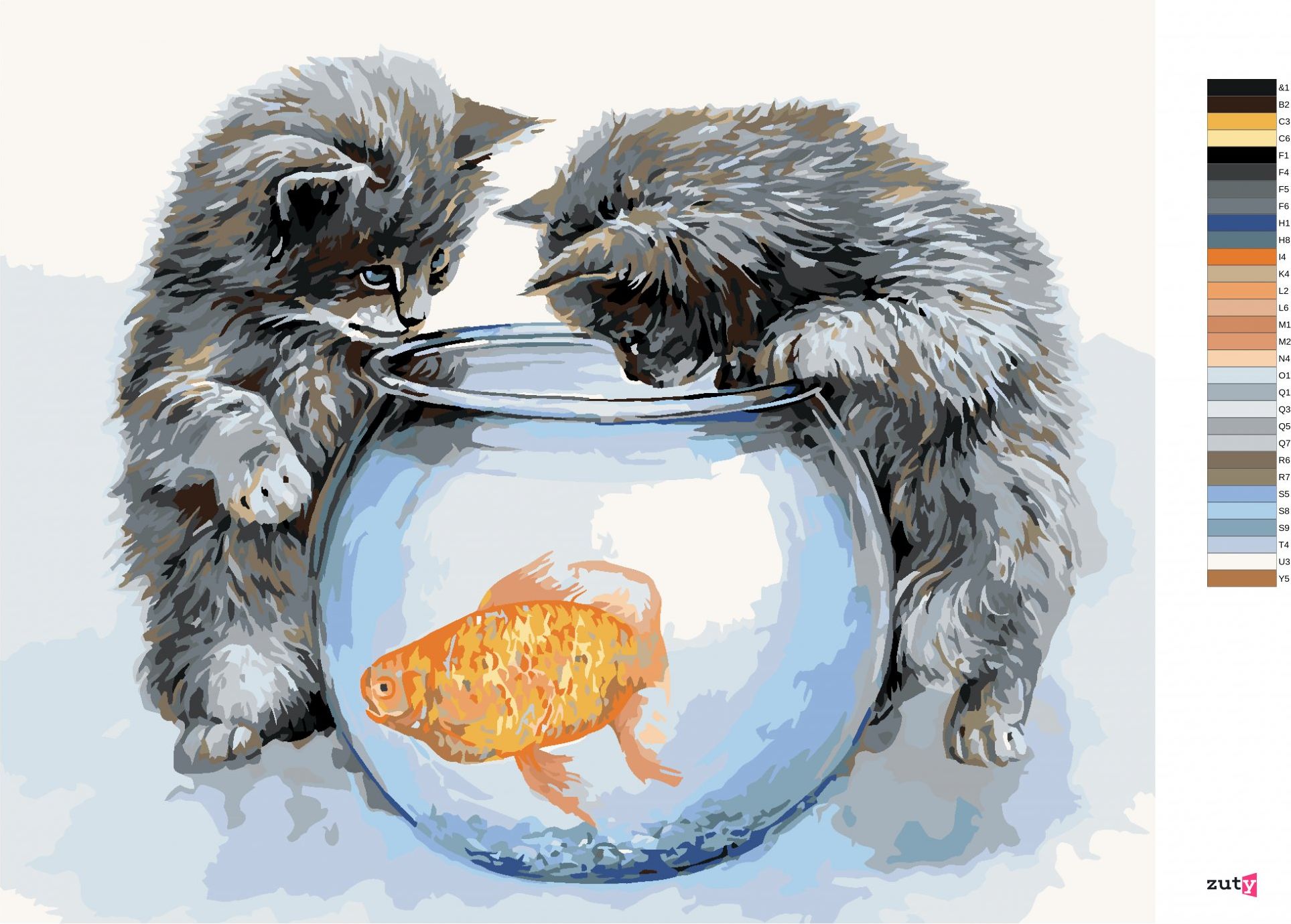 zuty Malování podle čísel – KOŤATA U AKVÁRIA A ZLATÁ RYBA (JIM KILLEN) - Rozměr: 40x50 cm, Rámování: Varianta: bez rámu a bez vypnutí plátna - obrázek 4