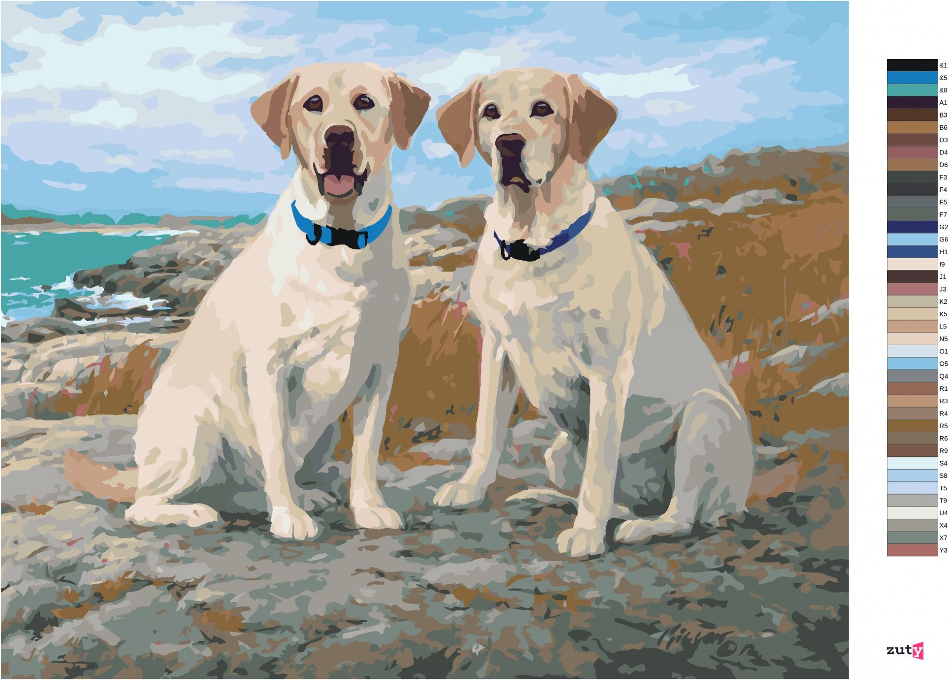 zuty Malování podle čísel - ZLATÍ LABRADOŘI NA POBŘEŽÍ (JIM KILLEN) - Rozměr: 40x50 cm, Rámování: Varianta: bez rámu a bez vypnutí plátna - obrázek 4