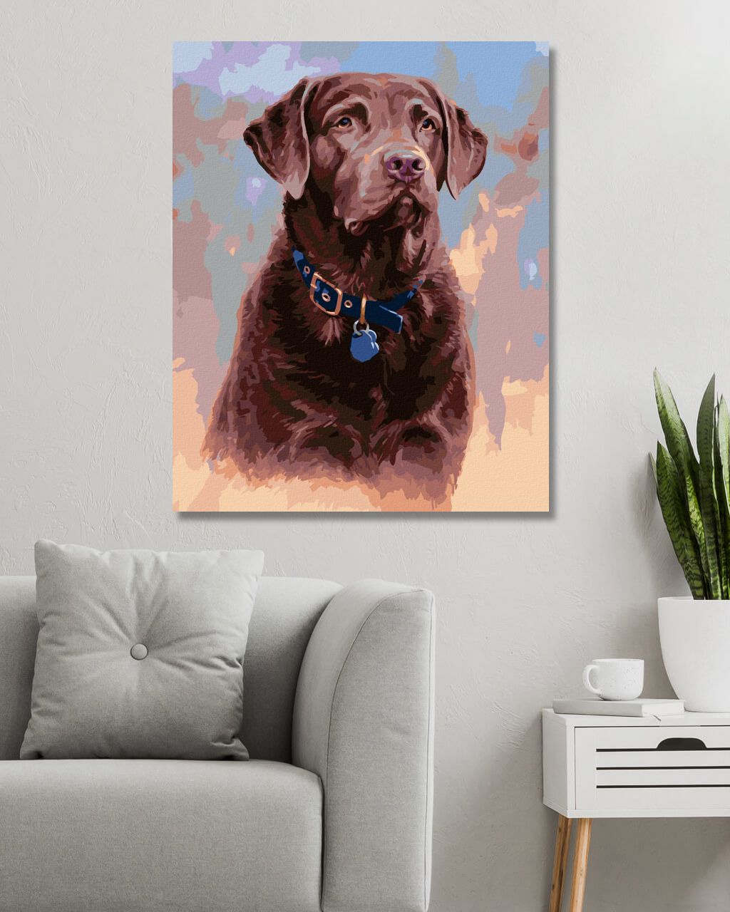zuty Malování podle čísel - HNĚDÝ LABRADOR S MODRÝM OBOJKEM (JIM KILLEN) - Rozměr: 40x50 cm, Rámování: Varianta: vypnuté plátno na rám - obrázek 9