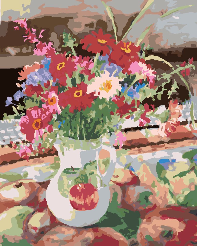 zuty Malování podle čísel – KVĚTINY VE DŽBÁNU A JABLKA (JUDY BUSWELL) - Rozměr: 40x50 cm, Rámování: Varianta: bez rámu a bez vypnutí plátna - obrázek 4